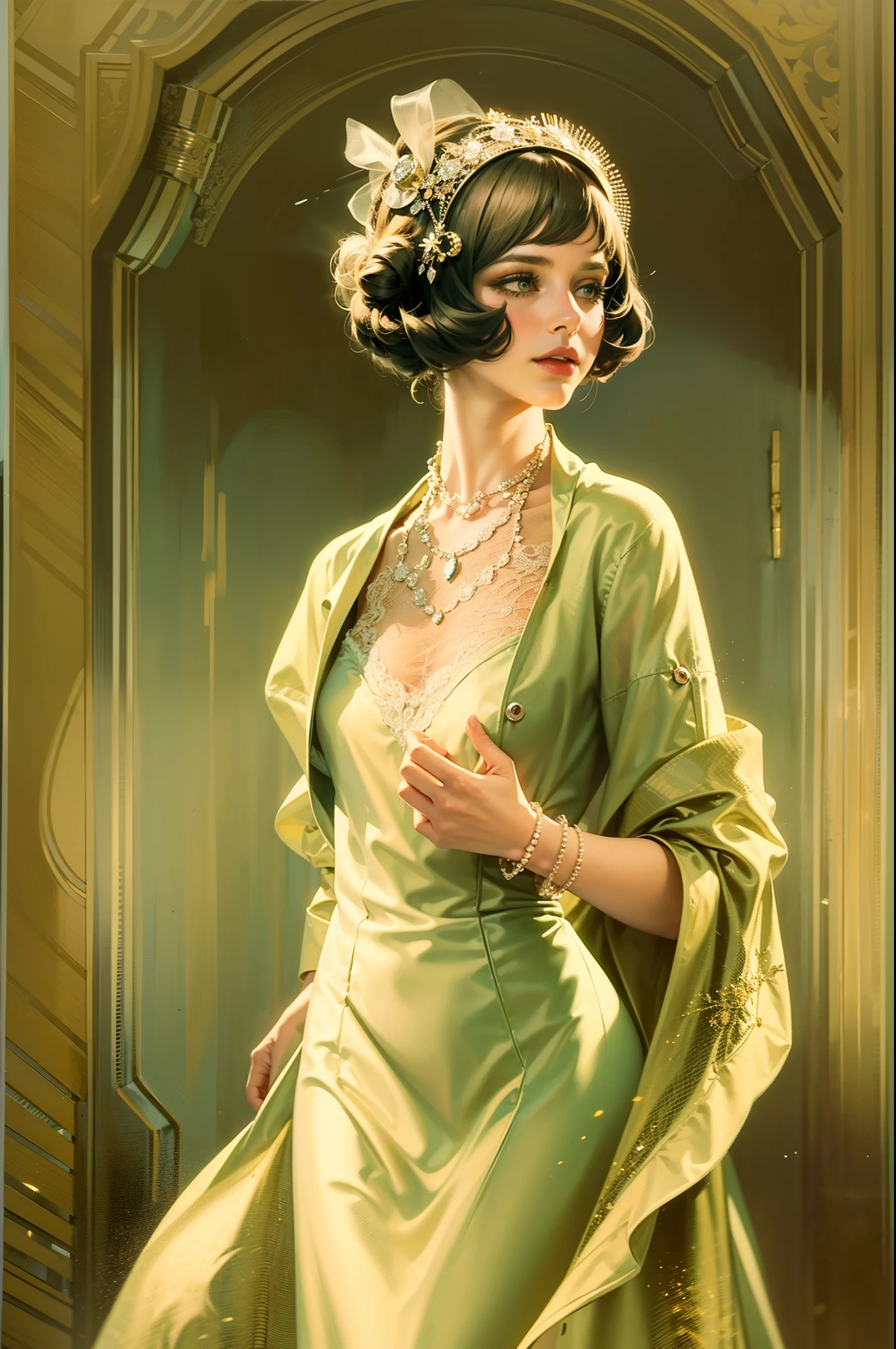 1920's angular woman in green dress cubist dark cinematic portrait geometric art deco painting, minimalist