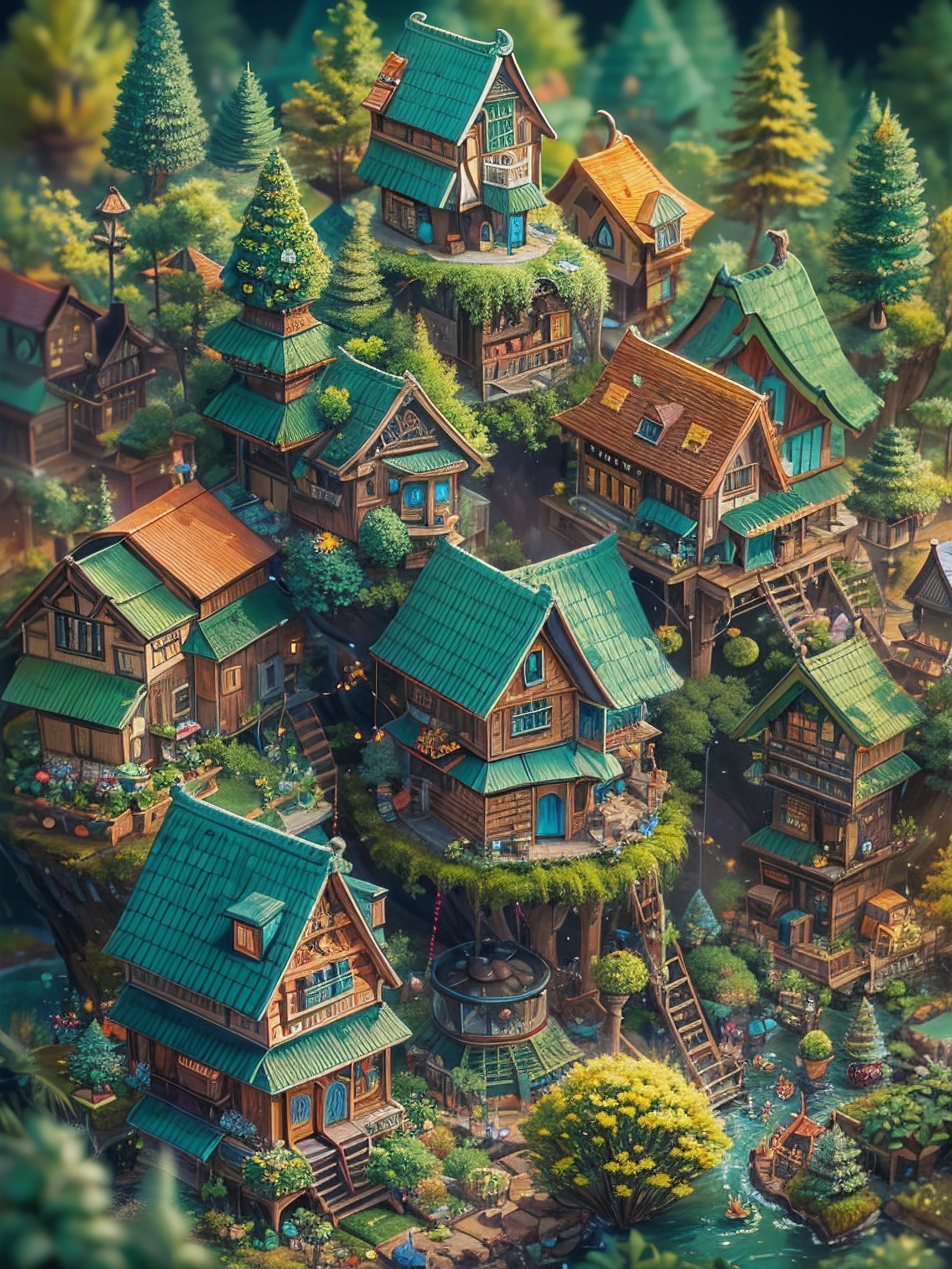 A group of small wooden houses surrounded by trees and bushes - SeaArt AI