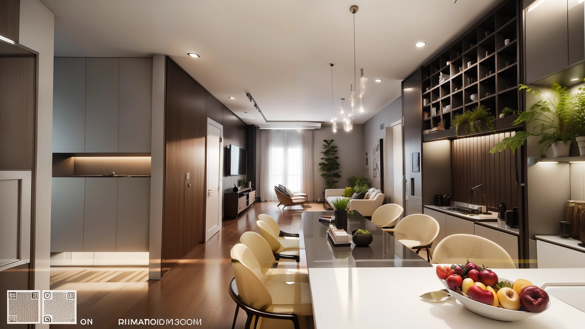 You are a renowned interior designer and have been commissioned to create a 3D image of a modern large room. Create a harmonious environment with modern and minimalist furniture. inclua algumas plantas interiores para dar um ar mais fresco.