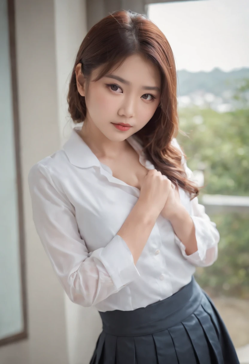 (Best quality,8K,RAW photo,realistic,high resolution:1.2),(Pretty Japanese girl),(Huge breasts, J size:1.25),(voluptuous),(school uniform,pleated skirt,white shirt, cleavage )