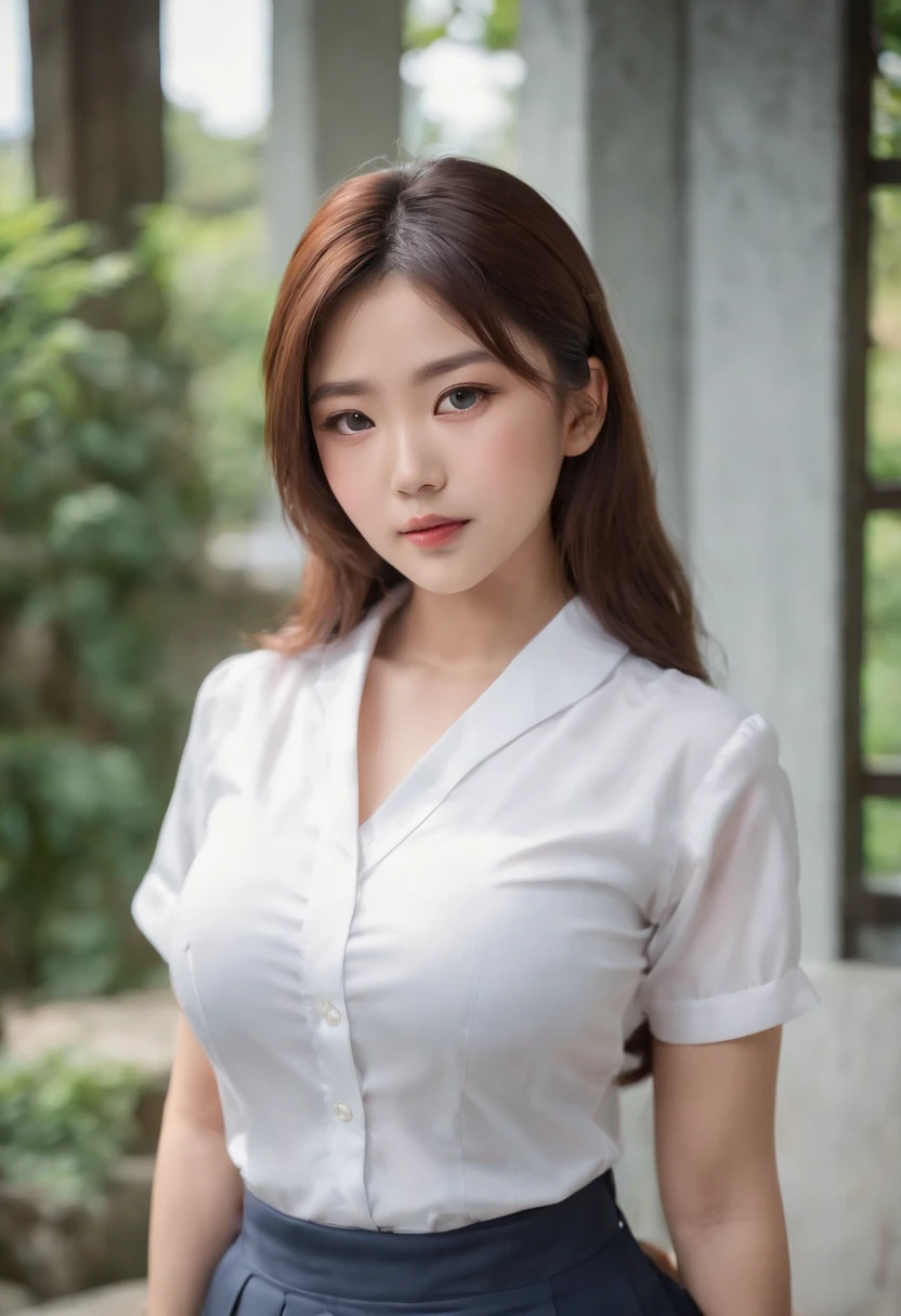 (Best quality,8K,RAW photo,realistic,high resolution:1.2),(Pretty Japanese girl),(Huge breasts, J size:1.25),(voluptuous),(school uniform,pleated skirt,white shirt, cleavage )