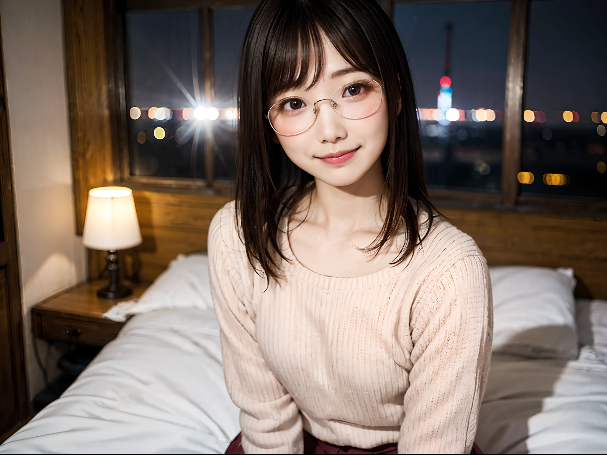 Japan girl in casual clothes in hotel room at night、looking at the viewers、(top-quality、masterpiece)))、hight resolution、ighly detailed、masterpiece、电影灯光、(8K、top-quality、masterpiece:1.2)、(realisitic、Photorealsitic:1.37) Hi-Res、The ultra-detailliert、Woman with glasses、Thin frame round glasses、Light colored glasses frames、asian human, cute little, cute face, 独奏, Short hair 1.2, Textured skin, beautiful smiling face, Beautiful detailed night sky, Detailed night view, 电影灯光, depth of fields, Lens flare light、Sitting in bed、Dating、(blush nose)、(A smile:1.15)、(Mouth closed)tiny chest、beautiful finely detailed eyes、(Sweaters:1.1)、natta、(shorth hair:1.2)、Floating hair Nova frog style、Embarrassed look、blushing、Embarrassed expression