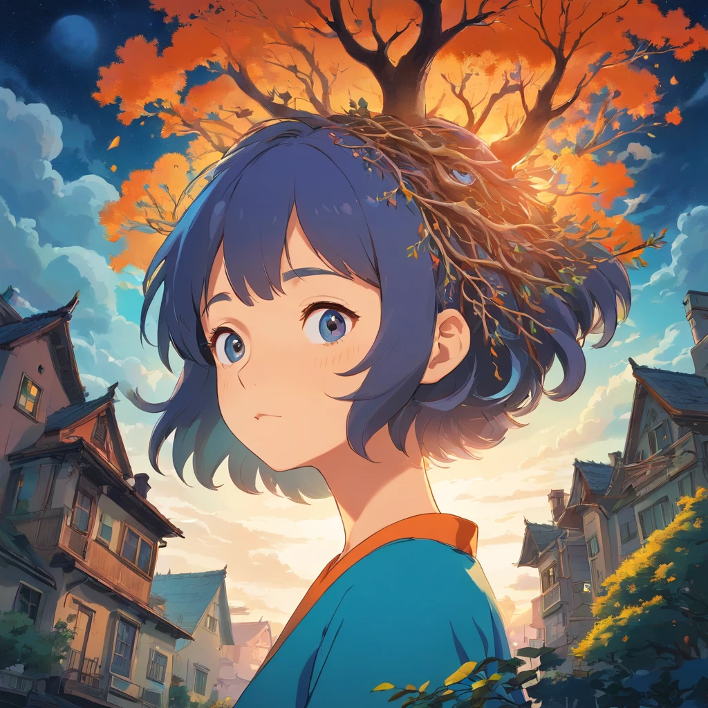 a colorful digital artwork of a woman's head and branches, in the style of haunting houses, graceful surrealism, depictions of urban life, dark sky-blue and orange, portraitures with hidden meanings, caricature-like illustrations, metropolis meets nature