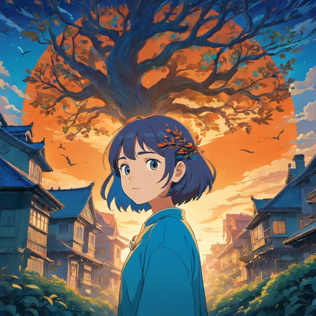 a colorful digital artwork of a woman's head and branches, in the style of haunting houses, graceful surrealism, depictions of urban life, dark sky-blue and orange, portraitures with hidden meanings, caricature-like illustrations, metropolis meets nature