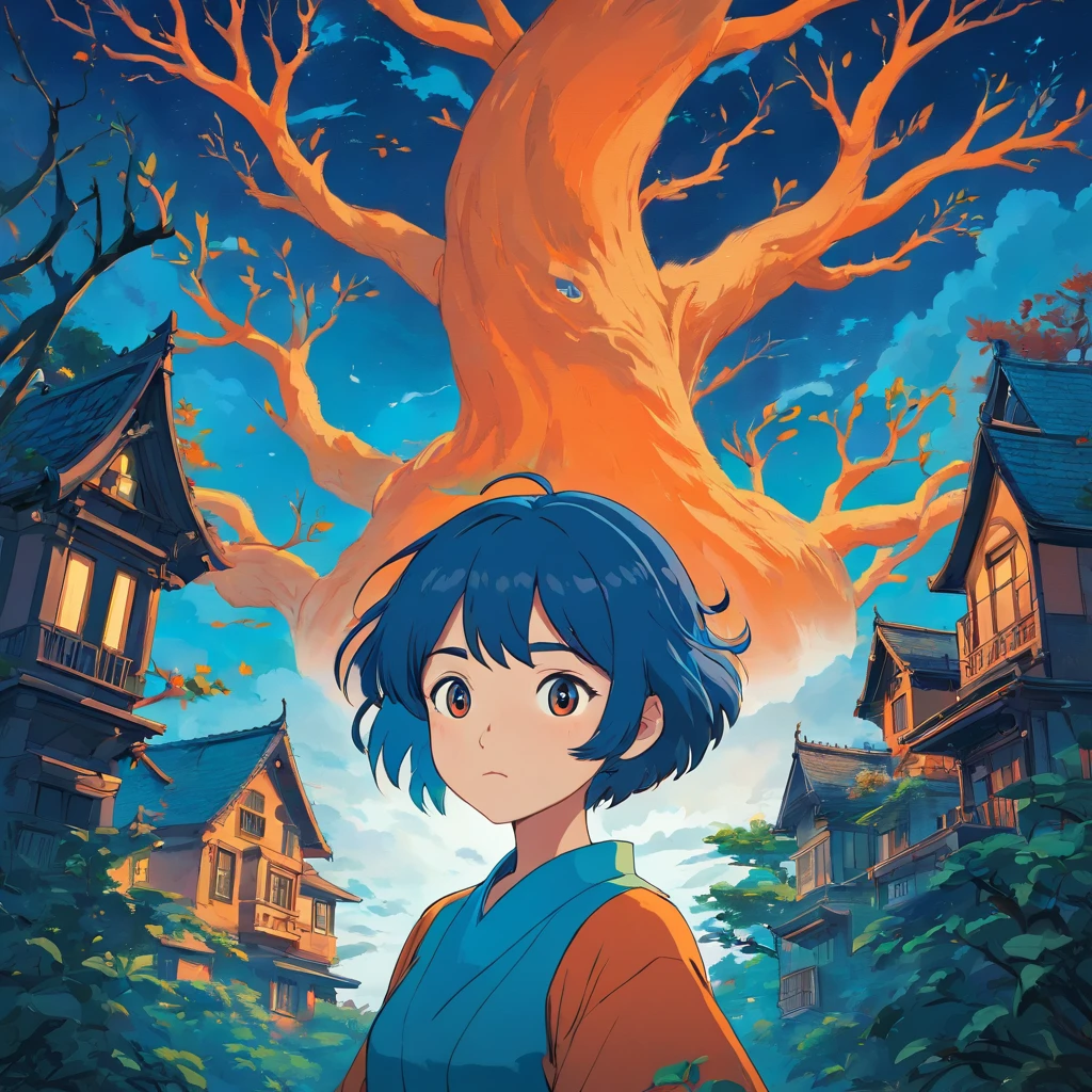 a colorful digital artwork of a woman's head and branches, in the style of haunting houses, graceful surrealism, depictions of urban life, dark sky-blue and orange, portraitures with hidden meanings, caricature-like illustrations, metropolis meets nature