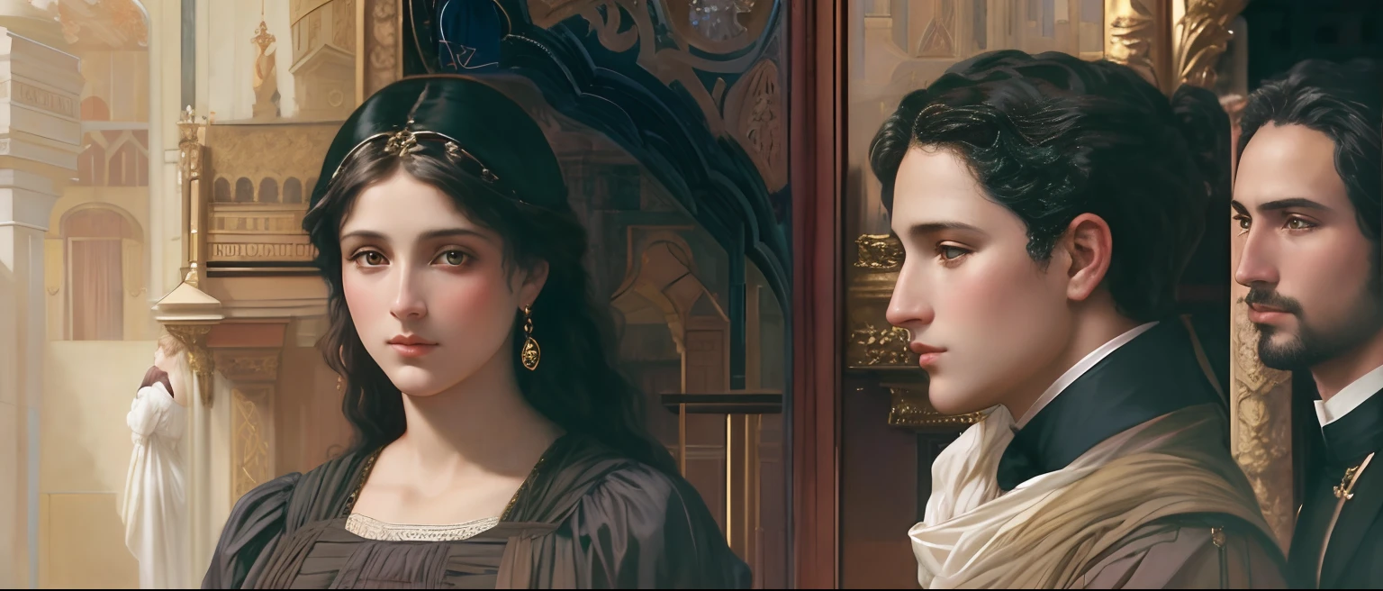 There are three people in front of a mirror, inspirado em Alexandre Cabanel, pre - raphaelites style, Ledmund Leighton, inspirado por Frederick Lord Leighton, Bouguereau e Bowater, pintura digital renascentista, Pre-Raphaelite style, pre - raphaelite style, Pre-Raphaelite oil painting, inspirado em Frederic Leighton, inspirado em Edmund Leighton