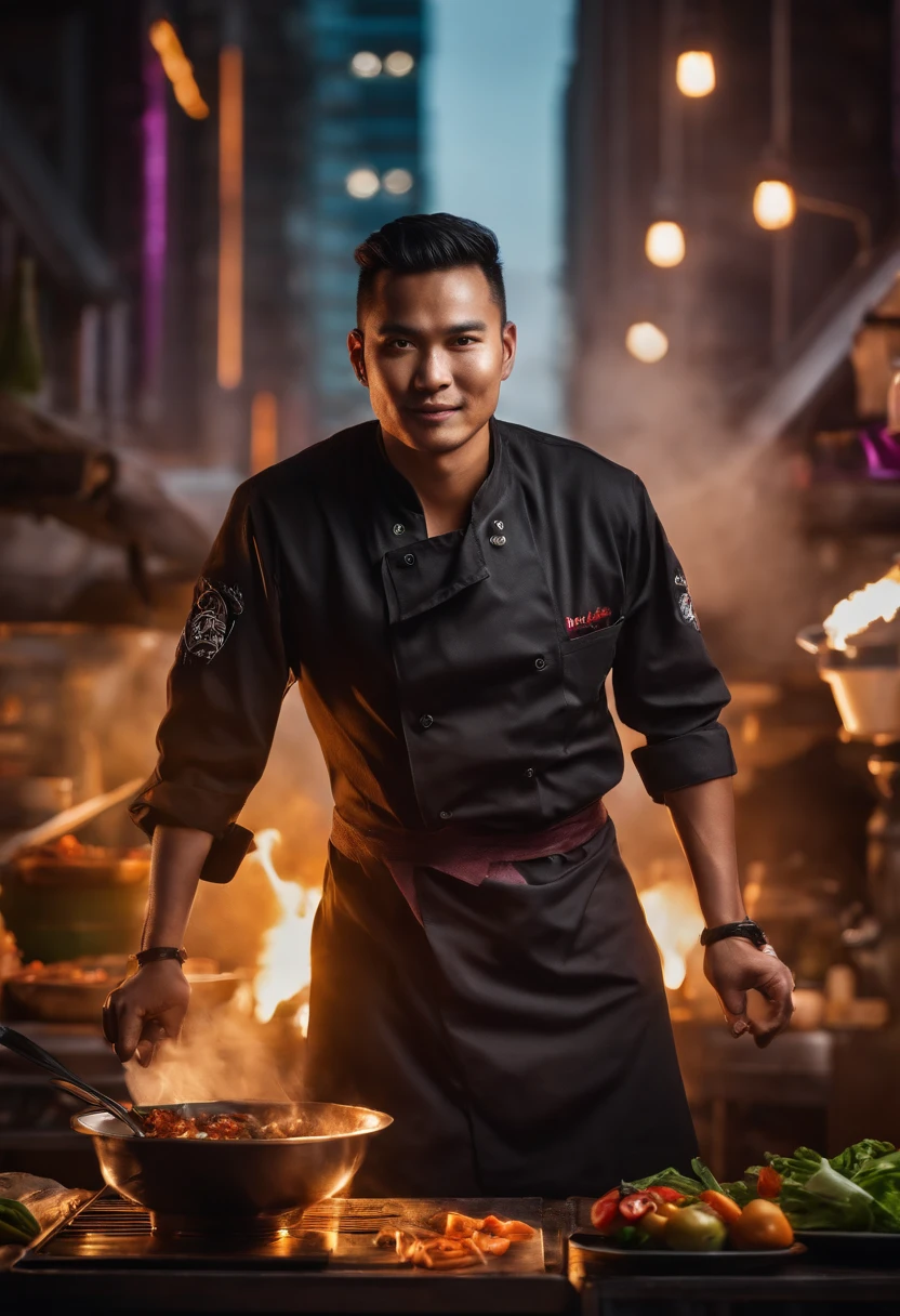 Create an image of an indonesian chef pose energetic cooking and dmile face. About 25-30 years old. Standing in from of camera. Behind there should be a cyberpunk city. Chef wears a chef uniform with logo NH