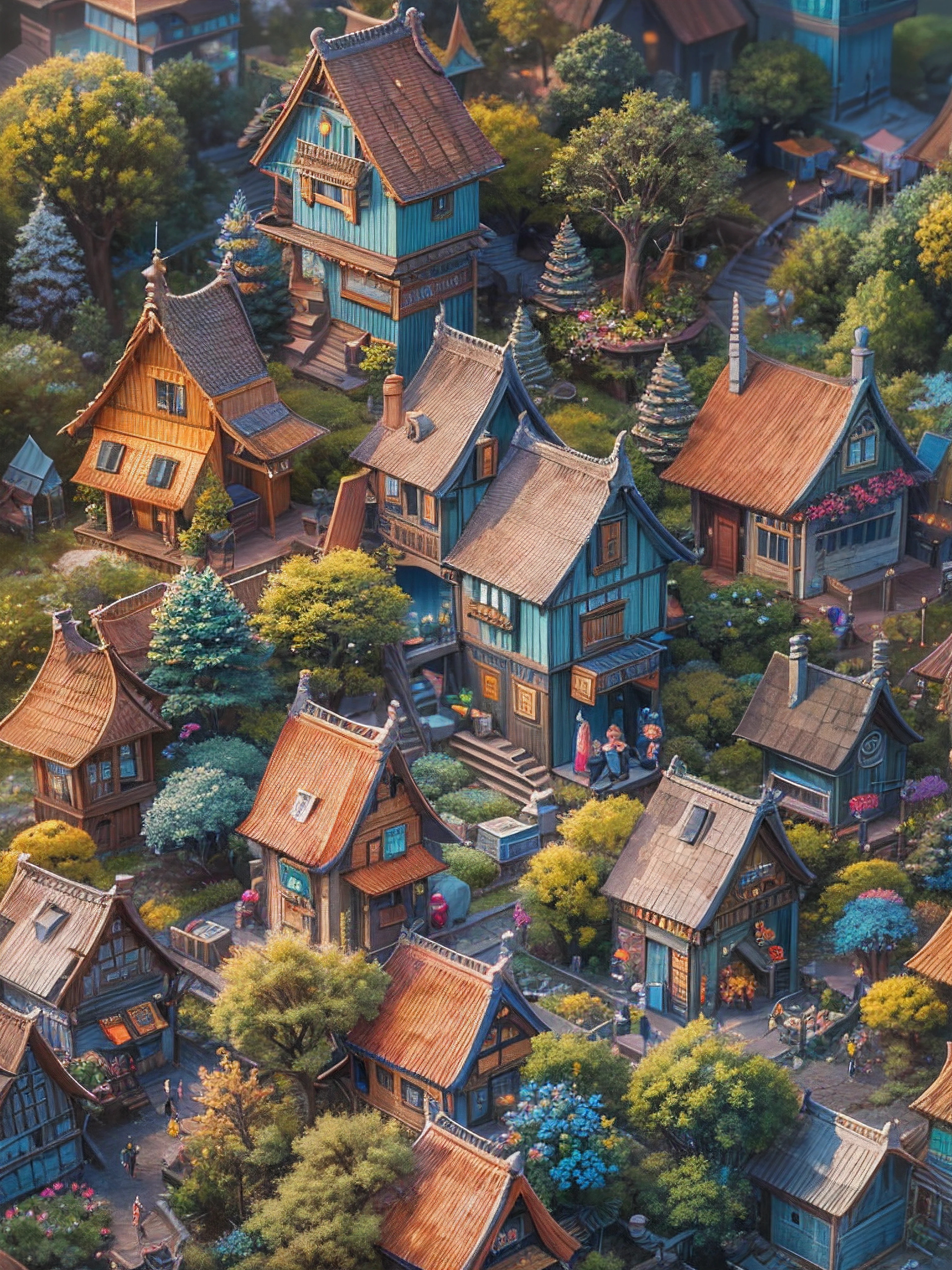 Isometric Complete tiny world with all kinds of adorable colourful tiny hairy fantasy forest houses, Miki Asai Macro photography, close-up, hyper detailed, trending on artstation, sharp focus, studio photo, intricate details, highly detailed, by greg rutkowski