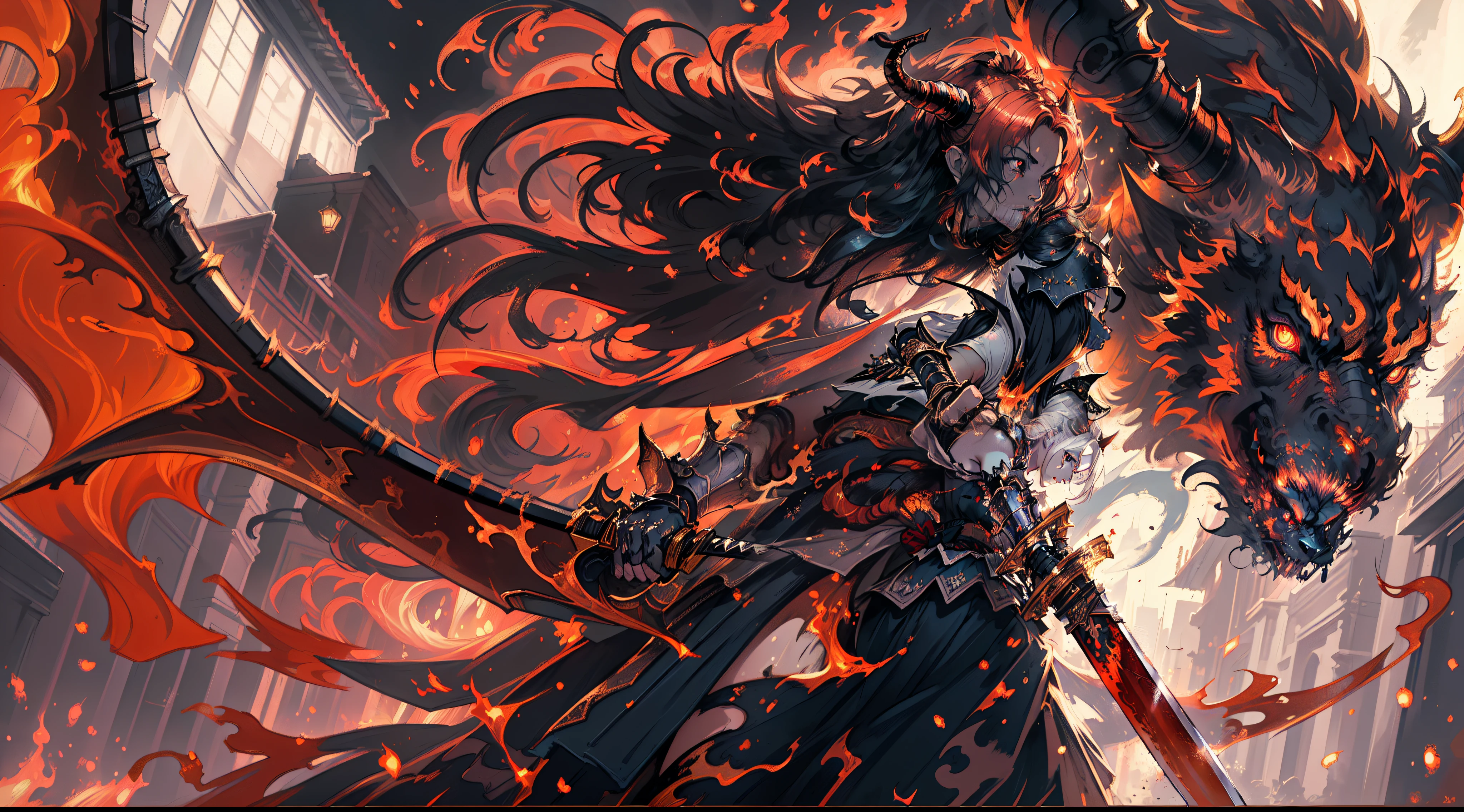 there is an illustration of a woman samurai fighting a red skinned demon in the streets at night. A Japanese woman samurai, a female warrior, ultra detailed face (best details, Masterpiece, best quality: 1.5), ultra feminine, exquisitely beautiful pale skin, long hair, black hair, dynamic eyes color, armed with a katana (best details, Masterpiece, best quality: 1.5), shinning sword (best details, Masterpiece, best quality: 1.3) wearing armor. BREAK  a [demon] (best details, Masterpiece, best quality: 1.4), red skinned (best details, Masterpiece, best quality: 1.5), black eyes, black mane, bat wings (best details, Masterpiece, best quality: 1.5), horns, big horns, armed with a long blade covered in flames (best details, Masterpiece, best quality: 1.5), covered in red fire. medieval Japanese street (best details, Masterpiece, best quality: 1.4) background, night time, moon light, street lamp light, Ultra-Wide Angle, high detail, award winning, best quality, HD, 16K,  high details, best quality, highres, ultra wide angle, photorealistic, ultra realistic [[anatomically correct]]