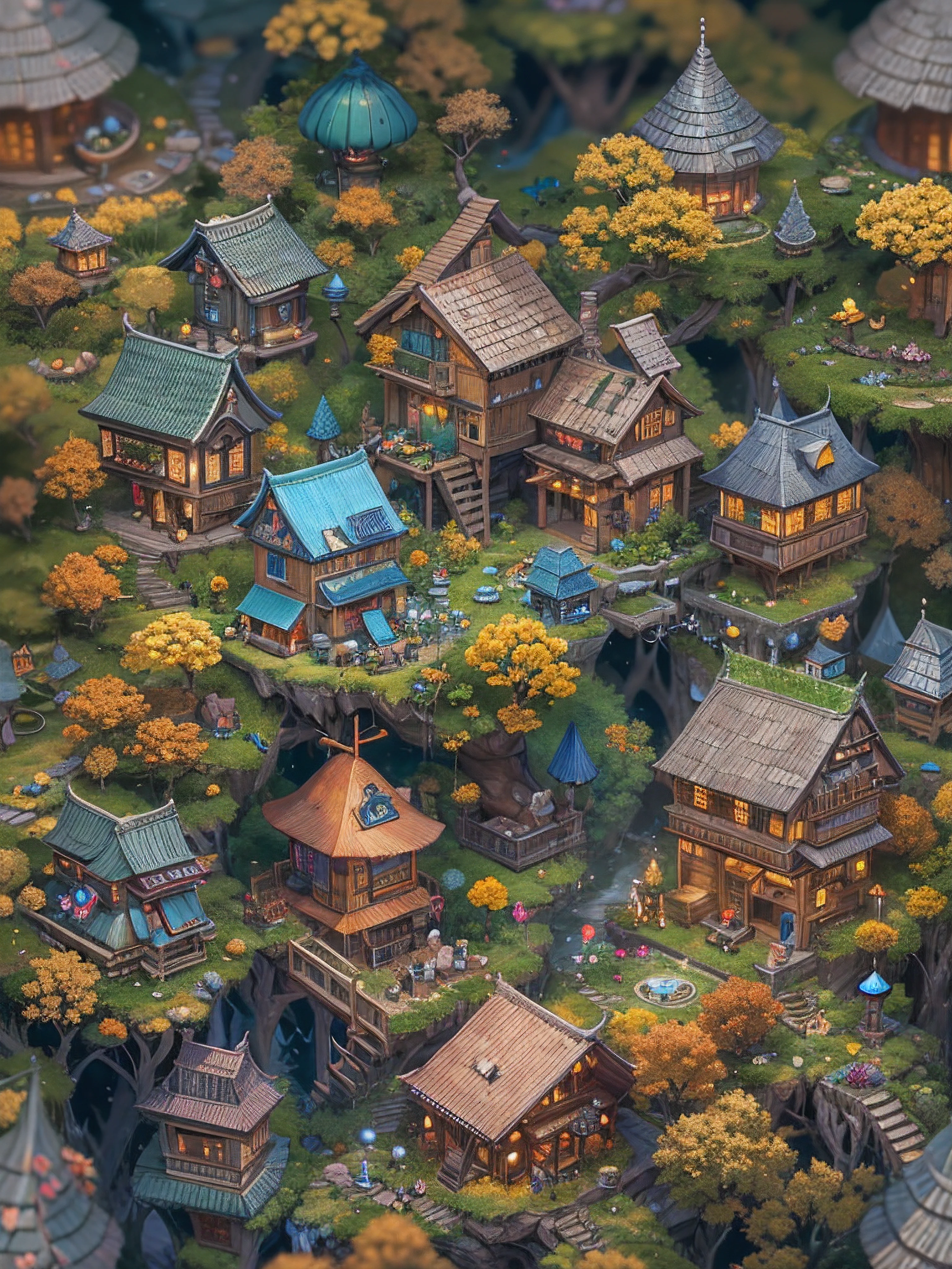 Isometric Complete tiny world with all kinds of adorable colourful tiny hairy fantasy forest houses, Miki Asai Macro photography, close-up, hyper detailed, trending on artstation, sharp focus, studio photo, intricate details, highly detailed, by greg rutkowski