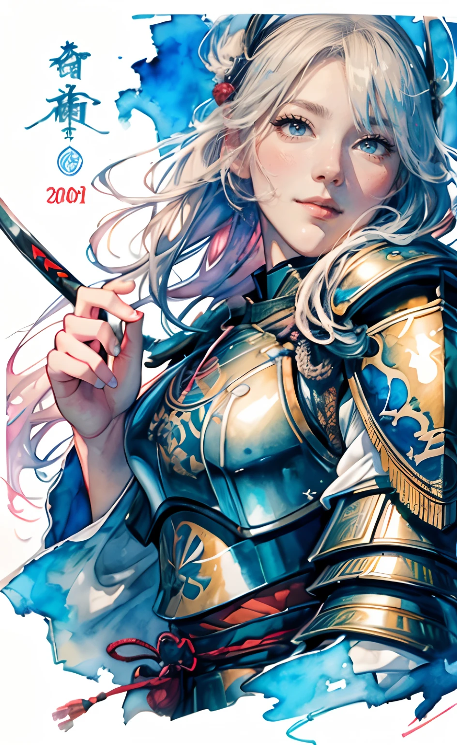 8K,​masterpiece,top-quality, From below , Dynamic Pose,beautiful 1girl, full body Esbian,Portrait, watercolor sketch, light, Curl outer hair,blue hairs,watercolor paiting \(Medium\),watercolor paiting,A slight smil,  ((Japanese armor)), (Detailed Japan armor), (20yr old), ((Japanese armor)) , Wakizashi, (Detailed Japan armor)