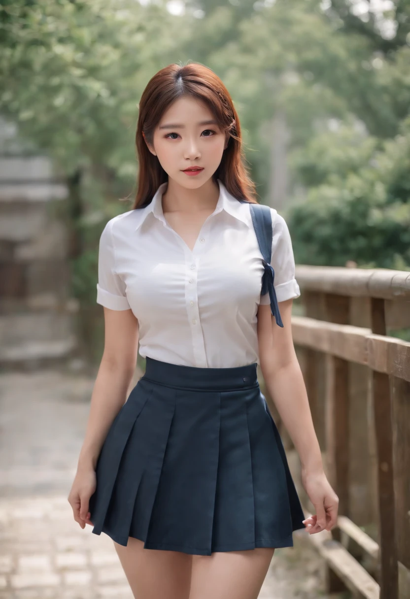 (Best quality,8K,RAW photo,realistic,high resolution:1.2),(Pretty Japanese girl),(Huge breasts, J size:1.25),(voluptuous),(school uniform,pleated skirt,white shirt, open cleavages )