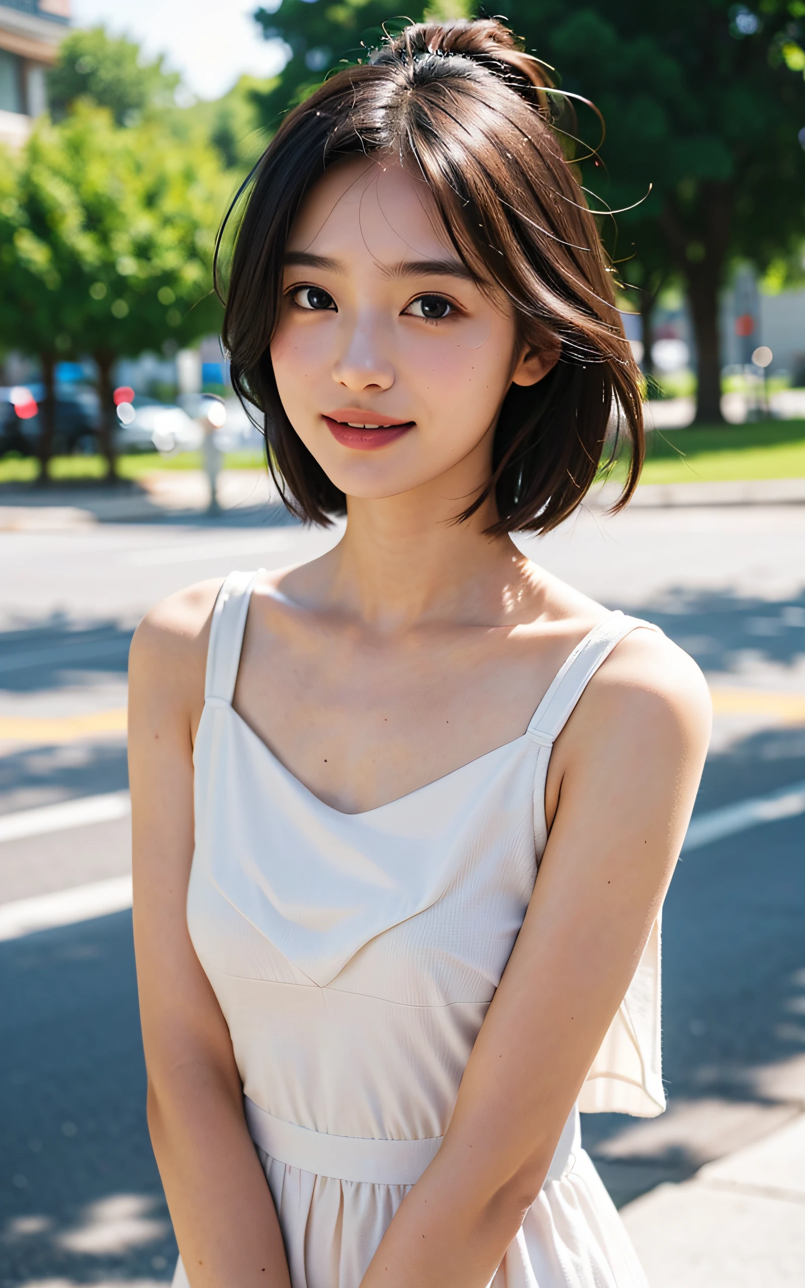 masterpiece、one beautiful women、A detailed face、A detailed eye、Detailed skin、top-quality、japanes、Illuminated from the front with bright lighting、profetional lighting、Always face straight ahead、The background is a little blurry、24 year old、The background is a cityscape lined with cyberpunk buildings with many PC monitors and bare wiring.、Wearing a rock and punk t-shirt、a smile、short-cut、Band Girl、