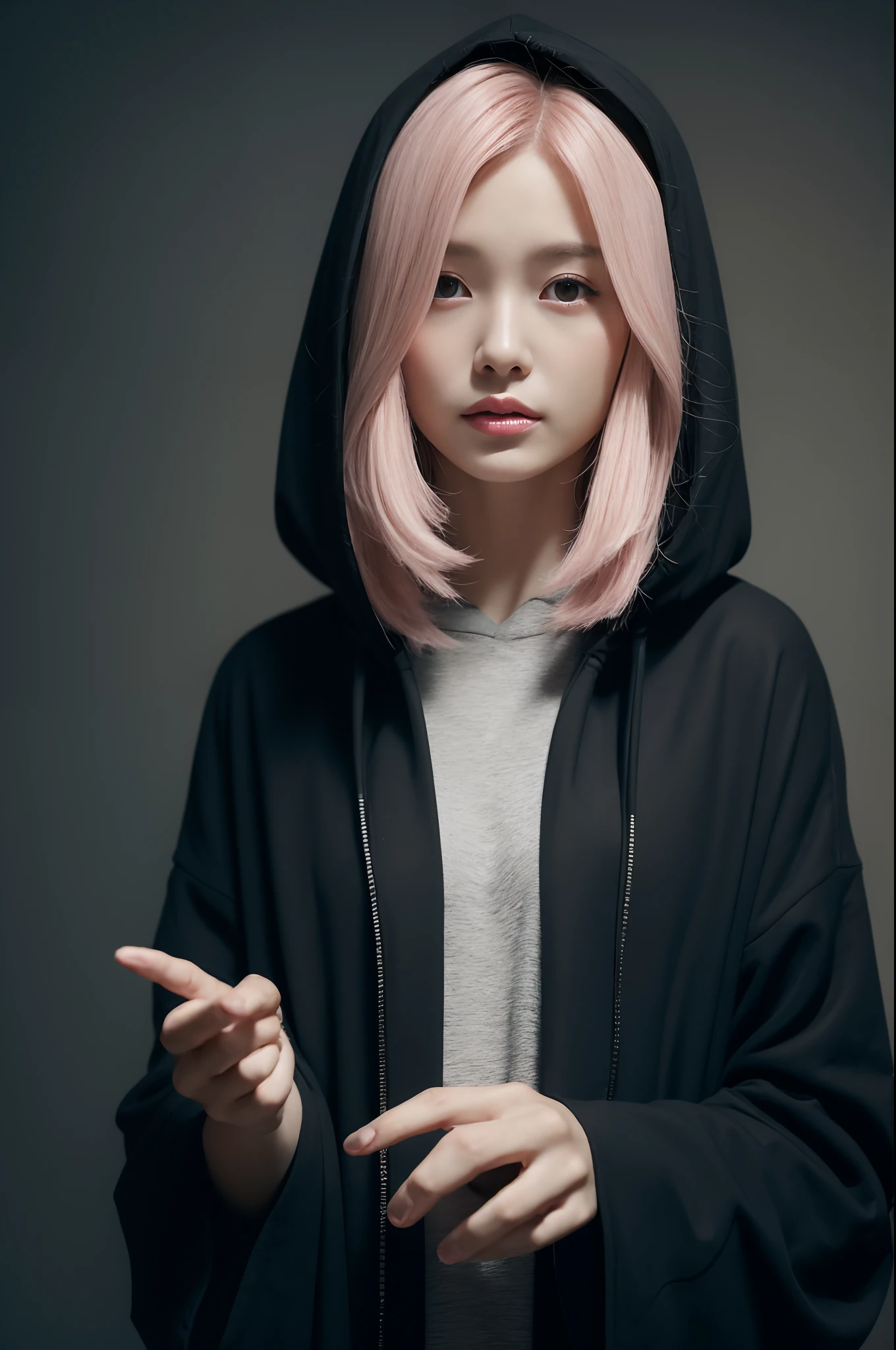 Cute hooded Grim Reaper shrouded in dark mist,Wielding a scythe,Emerge from the swirling shadows.Stand in the Cemetery of Forgotten Souls.(Light brown and light pink striped hair:1.3,),Perfect face,Proper body proportion,masutepiece,Super high-quality output images,超A high resolution,Intricate details,Very delicate and beautiful hair,photographrealistic,Dreamy,Professional Lighting,realistic shadow,Solo Focus,Beautiful hands,Beautiful fingers,Detailed finger features,detailed clothes features,Detailed hair features,detailed facial features,