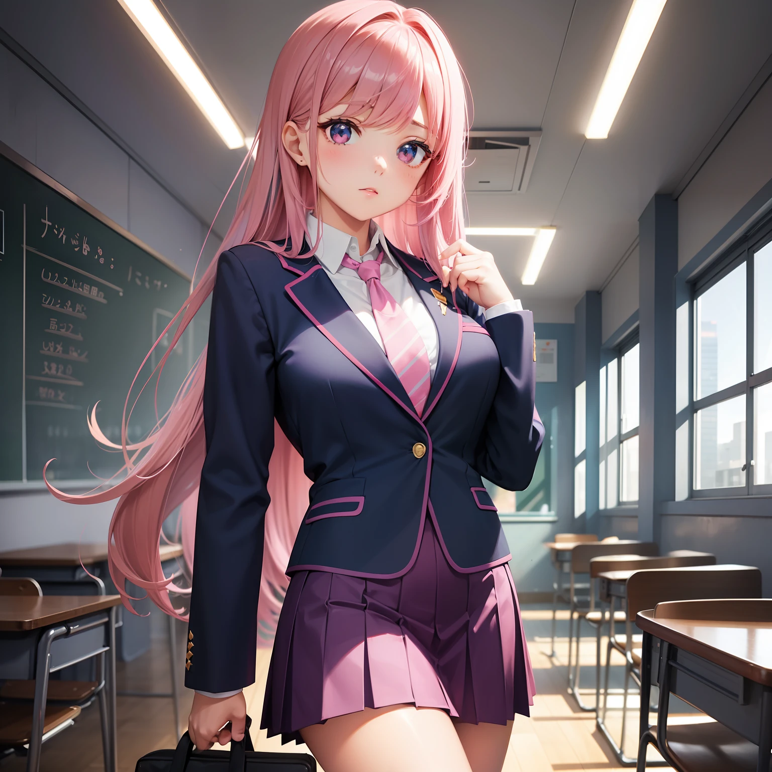 High school girl, dark blue blazer, pink super miniskirt, pink tie, knee-high socks, long pink hair, solo, school classroom, looking at viewer, front view,