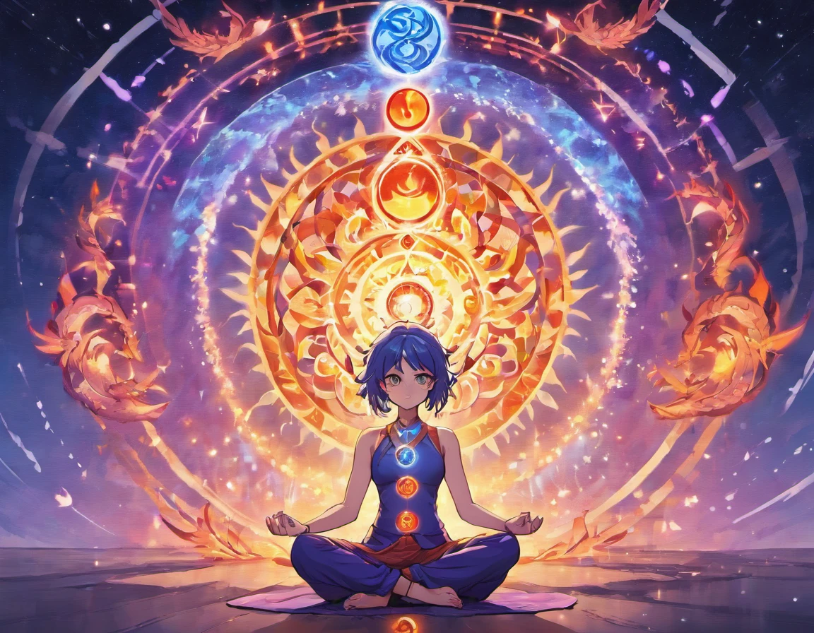 Yoga poses with dragons around, 7 Chakras of the Universe