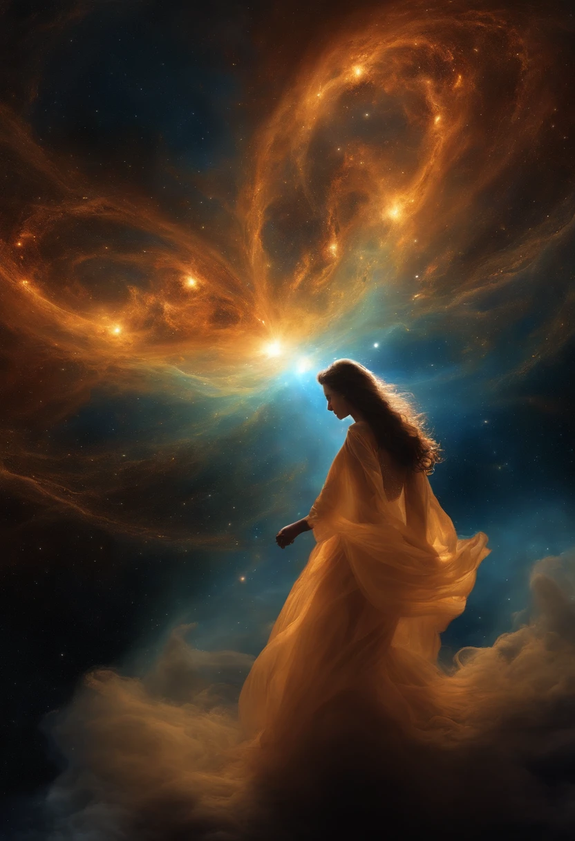 inconceivable and spectacular a scene of emergence of a figure from the glowing cloud, fractal nebula threads, cosmic entities, celestial, cosmic, vibrant and vivid, swirls, twirling, unrealistic, high contrast, symobolism, magical, mystical, mystifying, hyperrealistic, oversaturate, colorfully