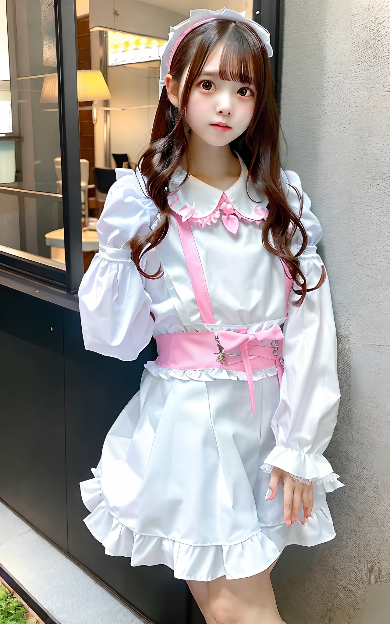 Alafe girl in white shirt and pink skirt poses for photo, ta style, Loliashion, cute kawaii girl, Kawaii Style, frilled blooming collar, sakimichan, creepy kawaii, komono, maid clothes, very beautiful cute catgirl, fantasy outfit, Cute style of Japan, white and light-pink outfit, frilly outfit