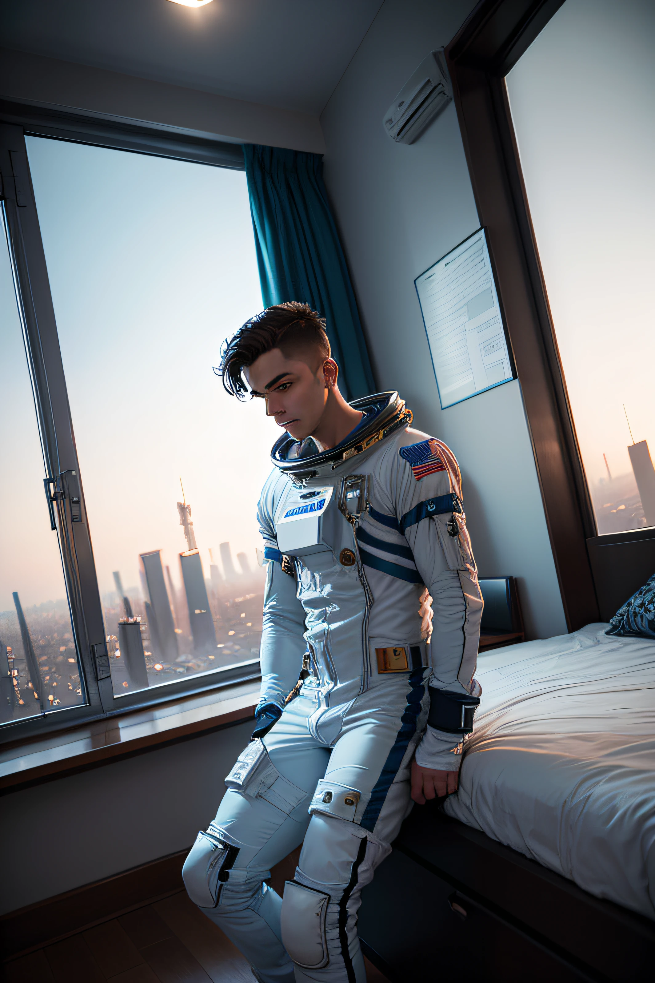 astronauta homen joven se levanta de sua cama em seu grande quarto, faz sua rotina matinal e se veste com seu traje espacial. description: Mostramos os detalhes das pernas, Arms, hands and the whole body of the astronaut, We show the astronaut's routine and preparation for the day, We show the room lit by a large and tall bedroom window at the top of a skyscraper, Ao fundo, A metropolis is seen through the window.