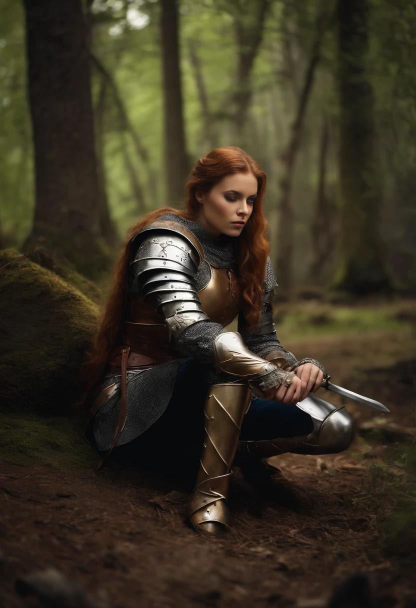 create for me the image of a woman in medieval armor, she is resting on her knees and with her sword stuck in the ground, in the image hide her hands