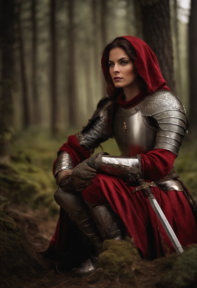 create for me the image of a woman in medieval armor, she is resting on her knees and with her sword stuck in the ground, in the image hide her hands