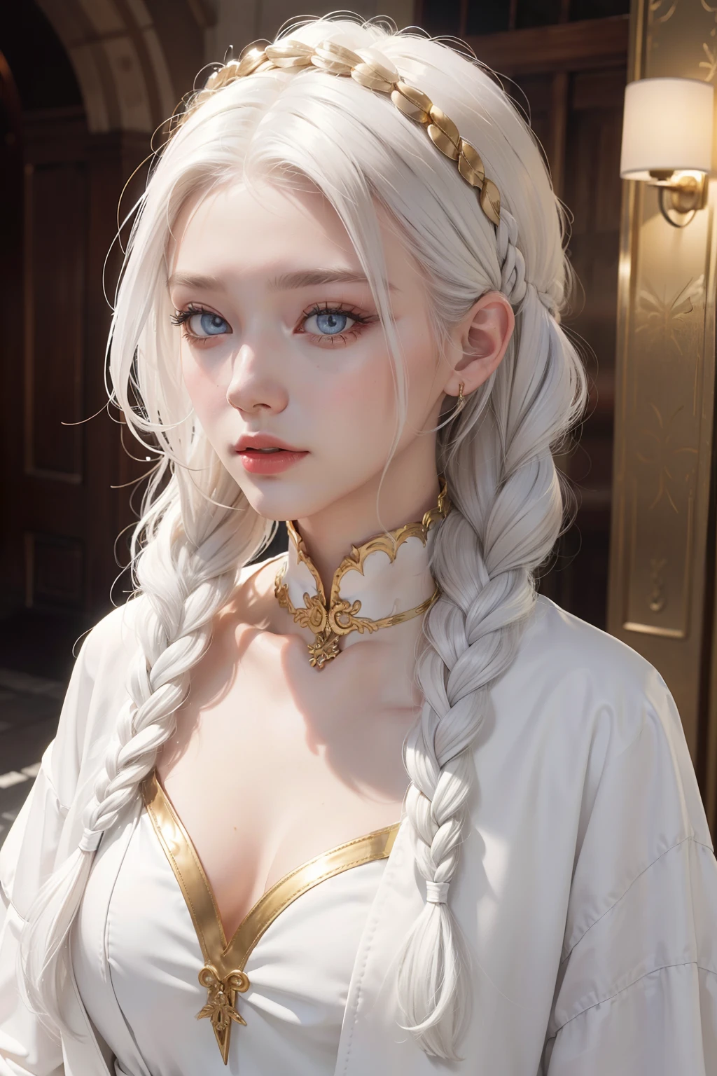 best quality, masterpiece,white hair, gold eyes,white clothes, looking up, upper body,hair strand,Fair skin,side braids