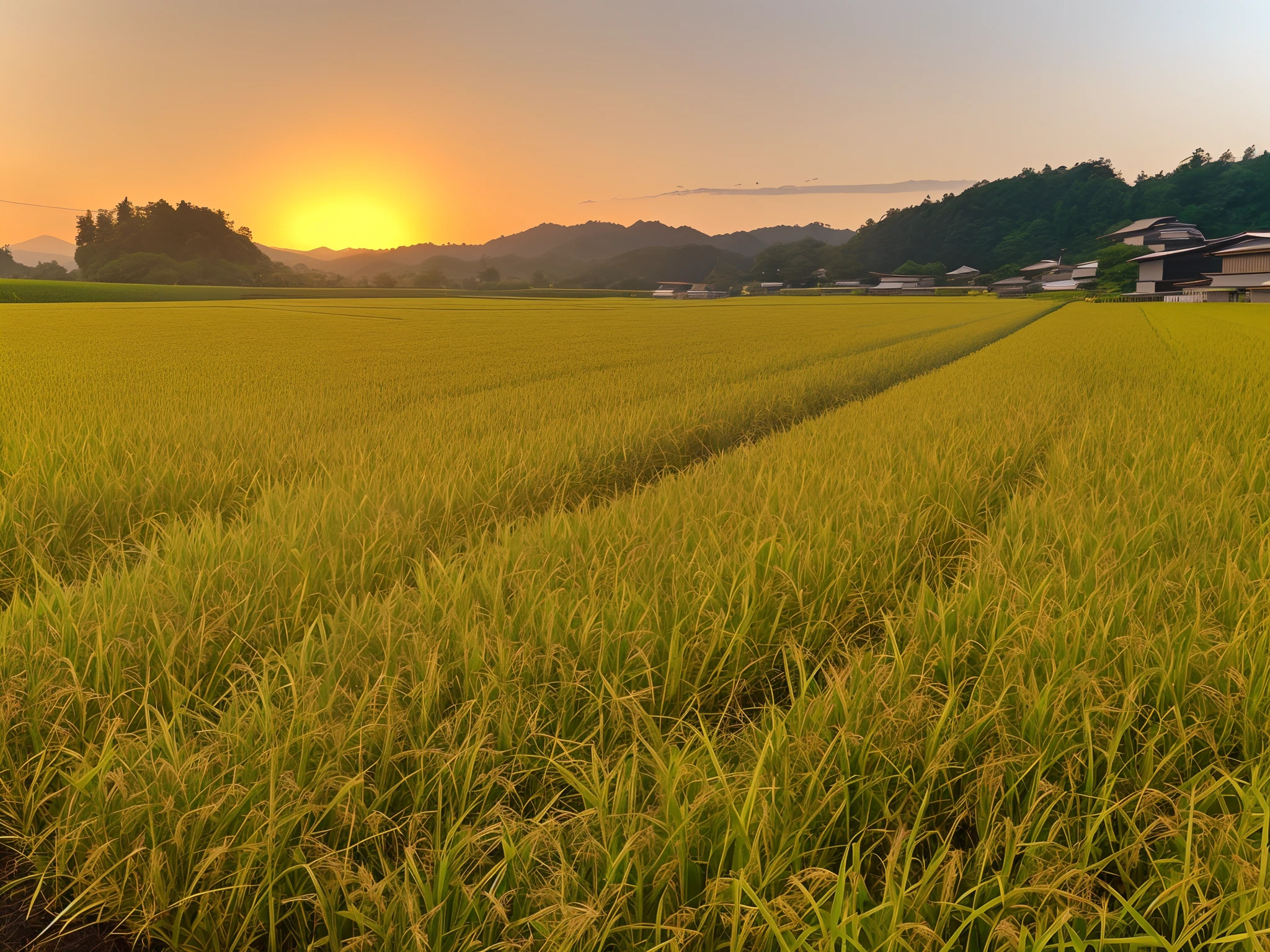 arafed field of green grass with a sunset in the background, countryside in japan, japanese countryside, malaysia with a paddy field, rural japan, rice paddies, shining golden hour, japan rural travel, at golden hour, morning golden hour, summer setting, shot at golden hour, at the golden hour, japan harvest, at dusk at golden hour, rice