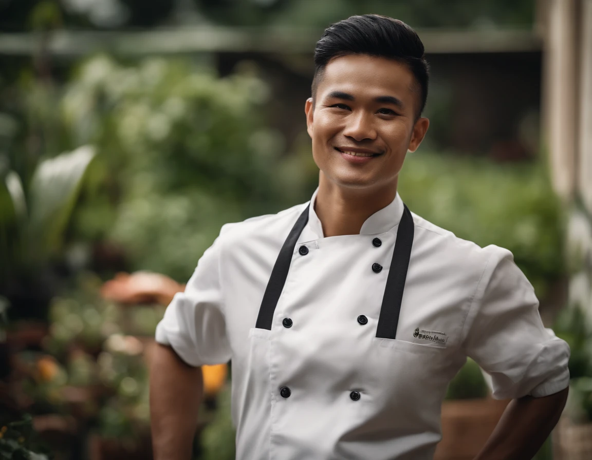 Create an image of an indonesian chef pose energetic cooking and dmile face. About 25-30 years old. Standing in from of camera. Behind there should be a beautiful garden. Chef wears a chef uniform with logo NH