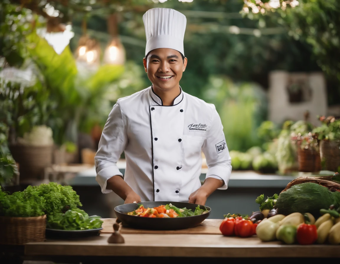 Create an image of an indonesian chef pose energetic cooking and dmile face. About 25-30 years old. Standing in from of camera. Behind there should be a beautiful garden. Chef wears a chef uniform with logo NH
