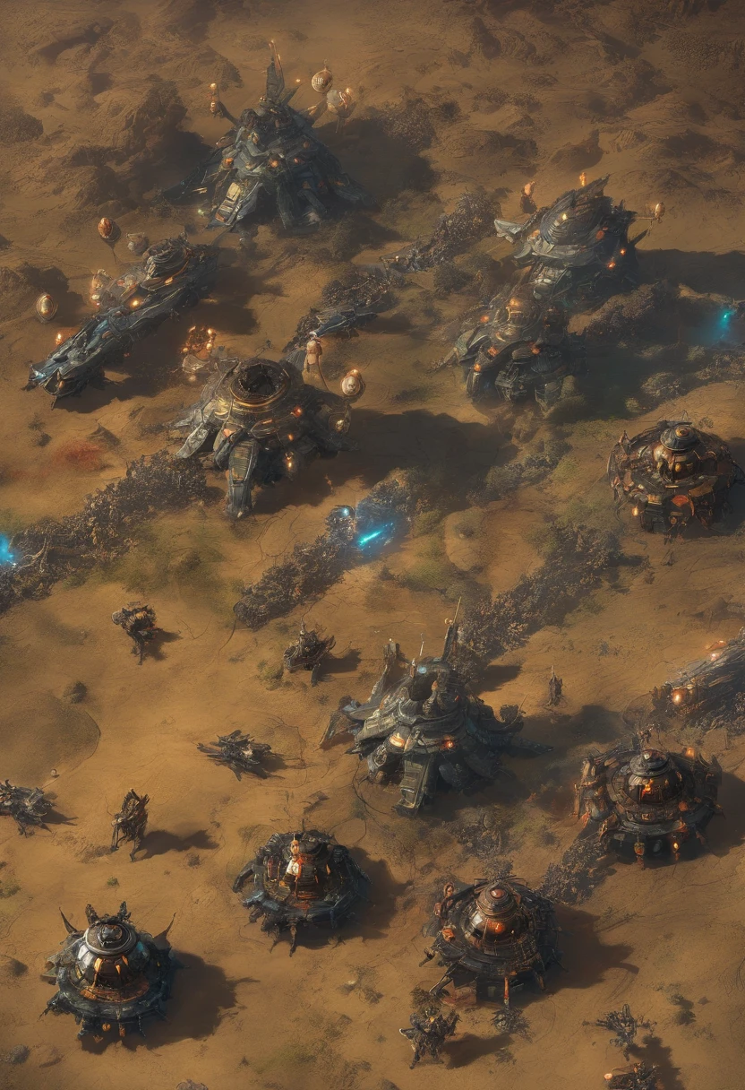 (battlefield, war, scifi, outer space:1.1, planets, land, mountains, high-tech human infantry, humans face the Zerg, tsunami-like Zerg swarm, tactical vision:1.1, top view, vivid colors, futuristic lighting) (best quality, ultra-detailed, highres, masterpiece:1.2), (realistic, photorealistic:1.37), HDR, UHD, studio lighting, extreme detail description, professional, bokeh