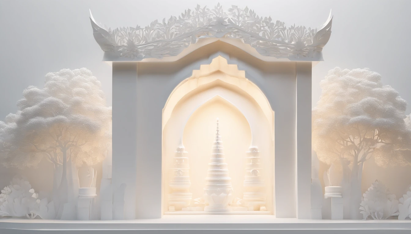 3D white pop-out ccarving, no object on the center, blank white space on the center, on the left side there is a torch pole, on the left side there is also a torch pole, meticulously carved, white ivory carving, minimalistic, white spaces, pastel, javanese style, blank background, multidimensional paper fog crafts, paper illustration, portrait angle view, surabaya, 8k,chick, elegant, satisfying, forrestrial, high resolution, 8k