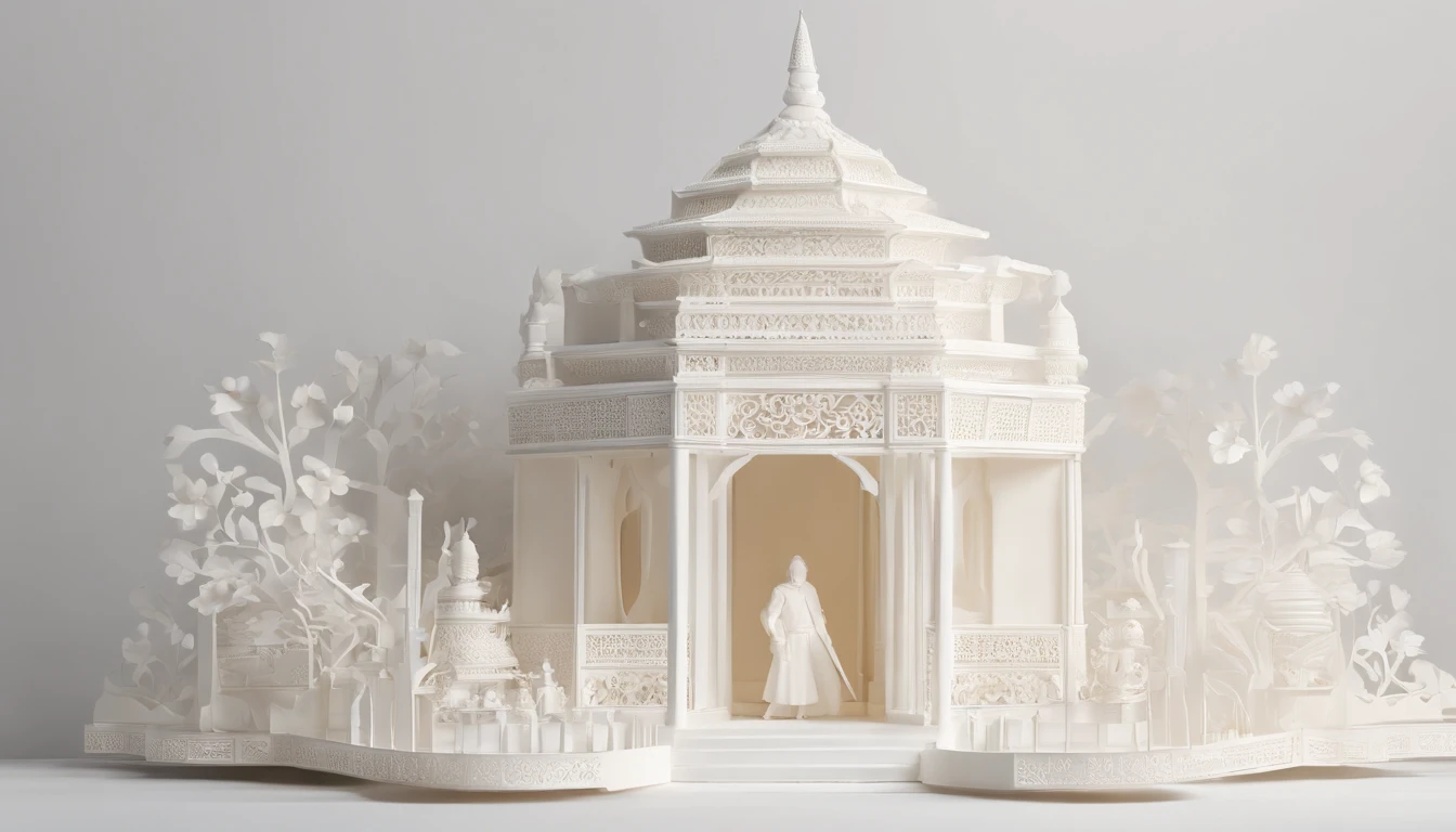 3D white pop-out ccarving, no object on the center, blank white space on the center, on the left side there is a torch pole, on the left side there is also a torch pole, meticulously carved, white ivory carving, minimalistic, white spaces, pastel, javanese style, blank background, multidimensional paper fog crafts, paper illustration, portrait angle view, surabaya, 8k,chick, elegant, satisfying, forrestrial, high resolution, 8k
