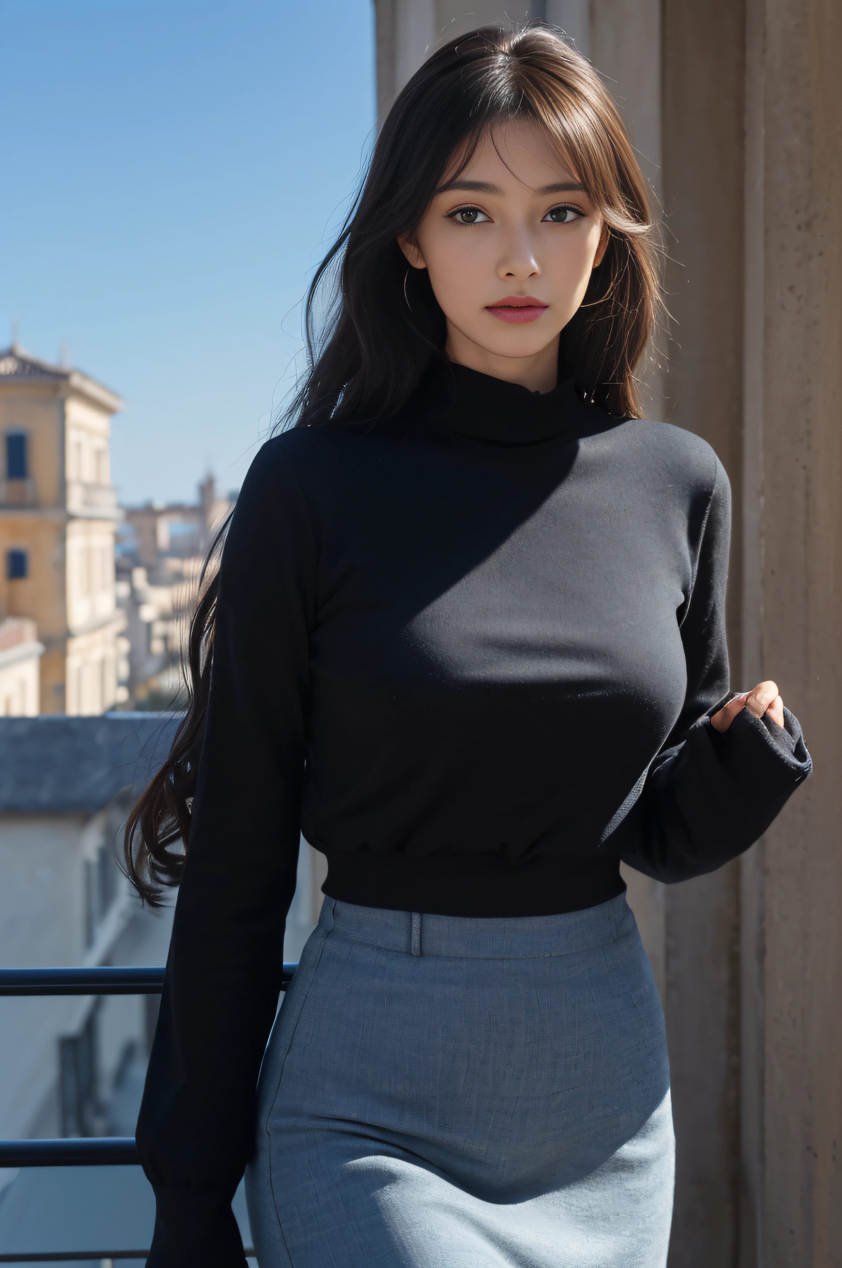 ((Minuit, beste-Qualit, 8k, master piece :1.3)), Corps entier, Longues jambes, Mise au point nette :1.2, A pretty European woman with a perfect figure :1.4, Slender abs :1.1, ((Cheveux noirs, curly hair, yeux bleus, petits seins, :1.2)), (tight-fitting clothing, black clothing, Golden jewelry, boucles d'oreilles, bracelets, collier, Debout :1.2), ((Jour, ciel azur, balcon, villa moderne, collines, nature, soleil, vignes:1.3)), Highly detailed facial and skin texture, detailled eyes, double eyelidwork