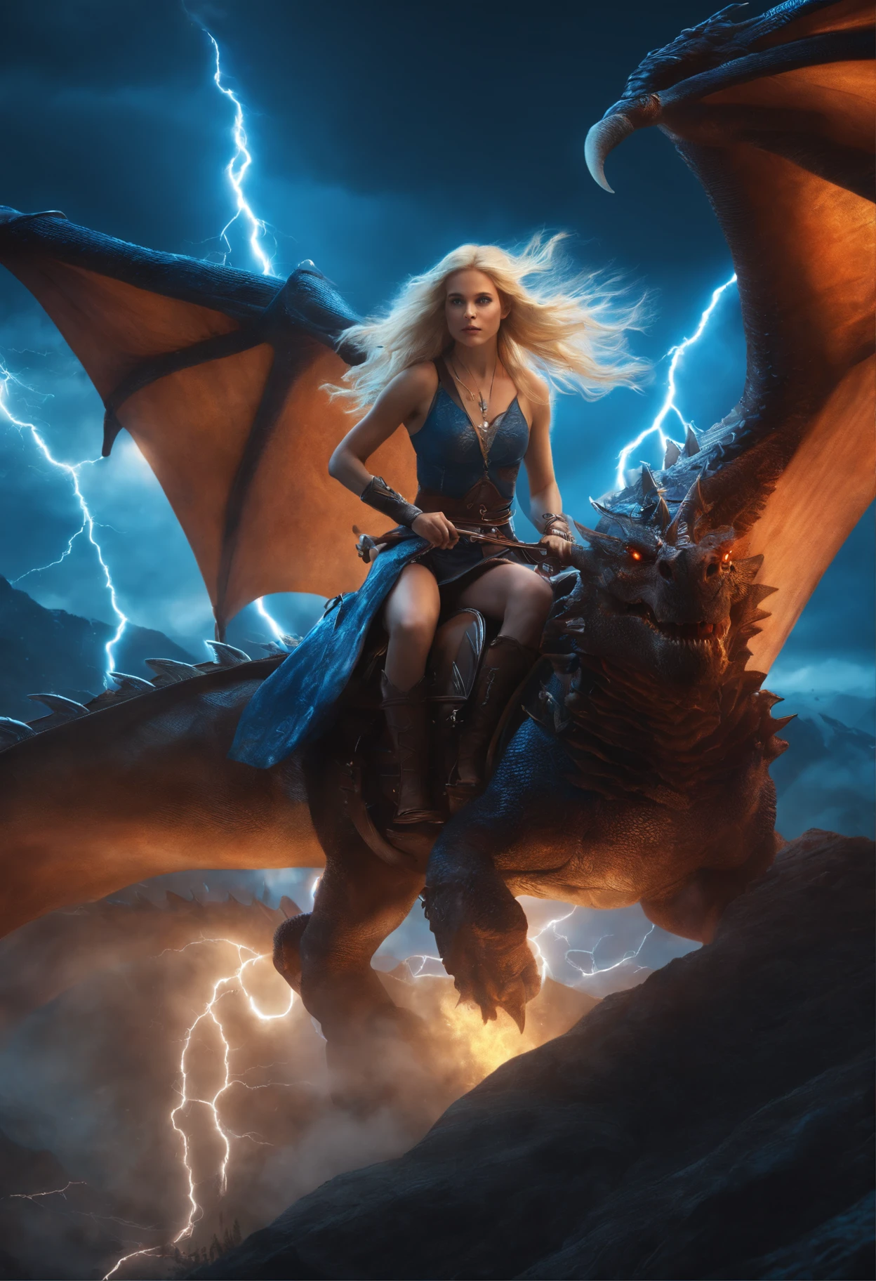 8k, a girl with beautiful blonde hair, blue eyes, riding on the back of a cool dragon, with lightning bolts