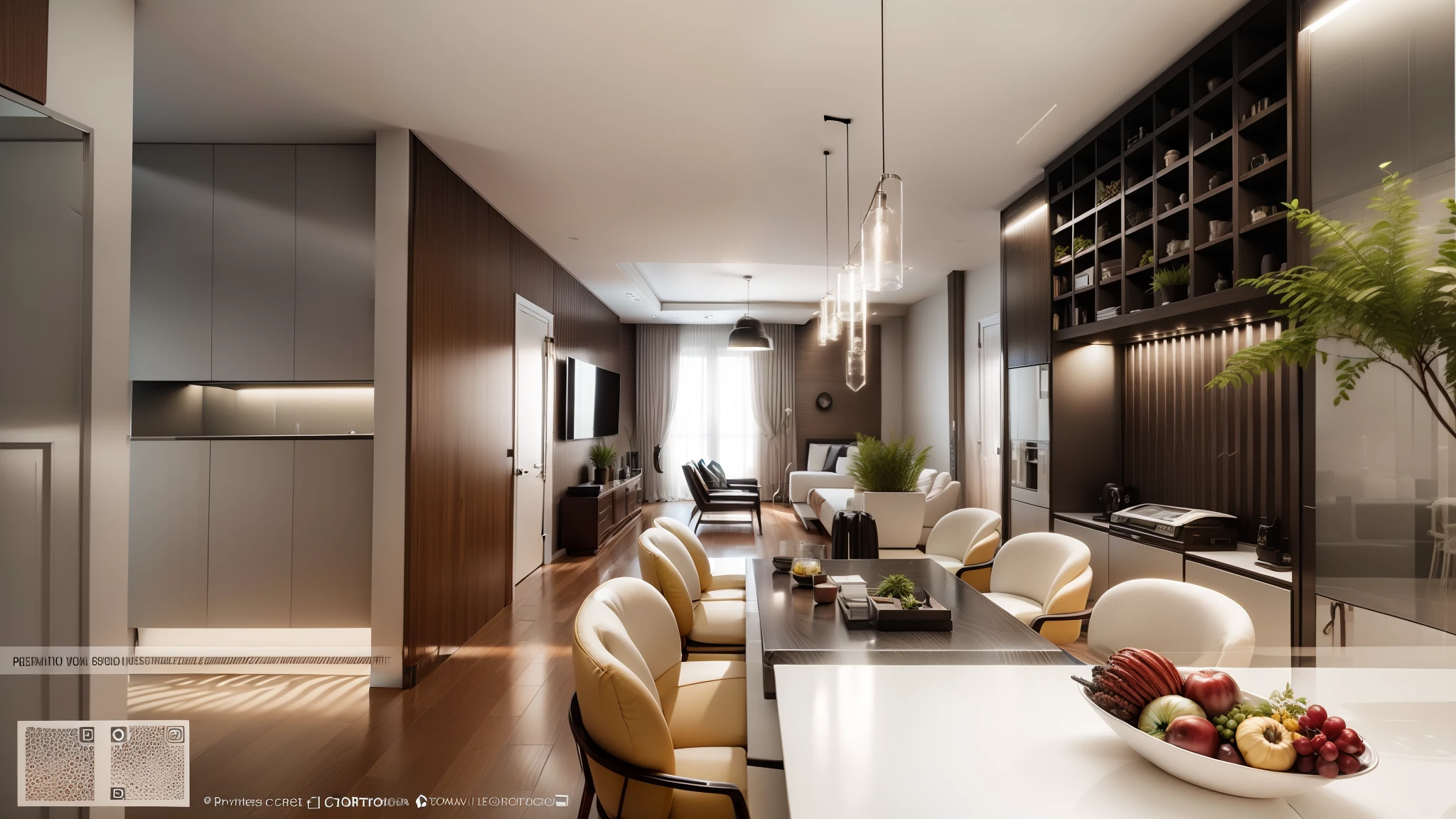 You are a renowned interior designer and have been commissioned to create a 3D image of a modern large room. Create a harmonious environment with modern and minimalist furniture. inclua algumas plantas interiores para dar um ar mais fresco.