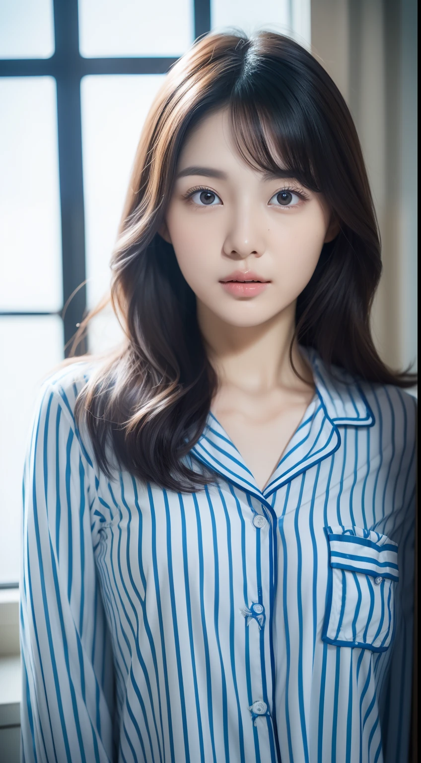 realistic photos of 1 cute Korean star, streaked hair, white skin, thin makeup, 32 inch breasts size, wearing blue striped pyjamas, near the window, close-up portrait, UHD