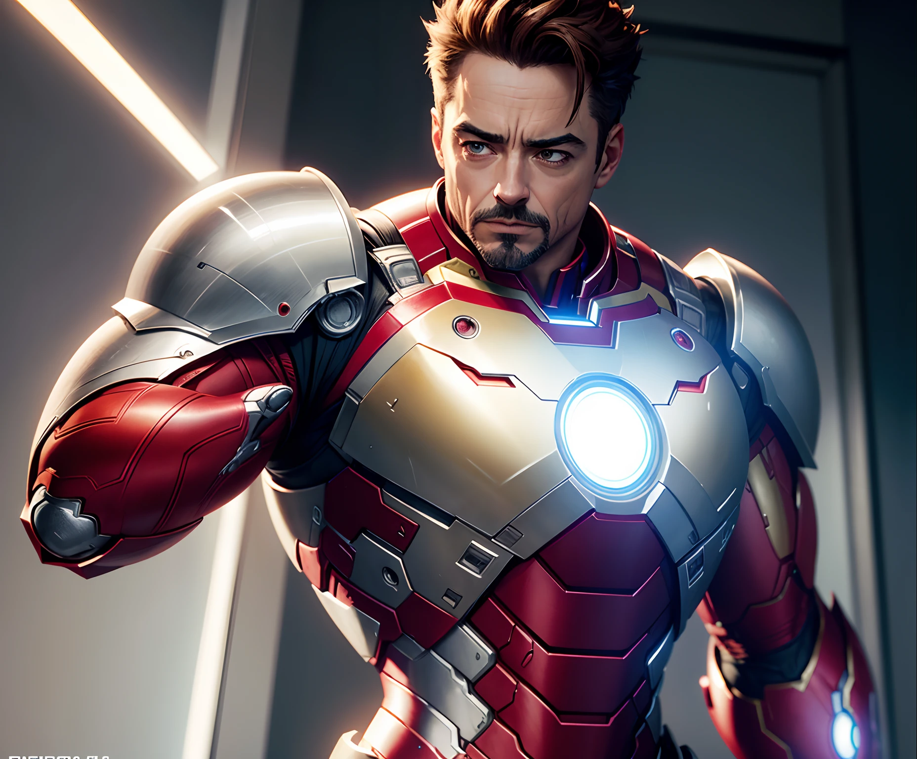 Homem de ferro- homem branco , belas artes, ps5 cinematic screen capture, com rosto do Robert Downey Jr., Standing in front- with iron man armor, detailed cinematic render, raytricing ultra fotorrealista, with cinematic lighting