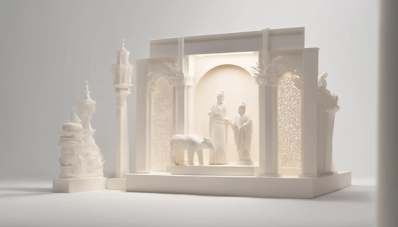3D white pop-out frame carving, no object on the center, blank space on the center, on the left side there is a torch pole, on the left side there is also a torch pole, meticulously carved, white ivory carving, minimalistic, white spaces, pastel, javanese style, blank background, multidimensional paper fog crafts, paper illustration, portrait angle view, surabaya, 8k,chick, elegant, satisfying, forrestrial, high resolution, 8k
