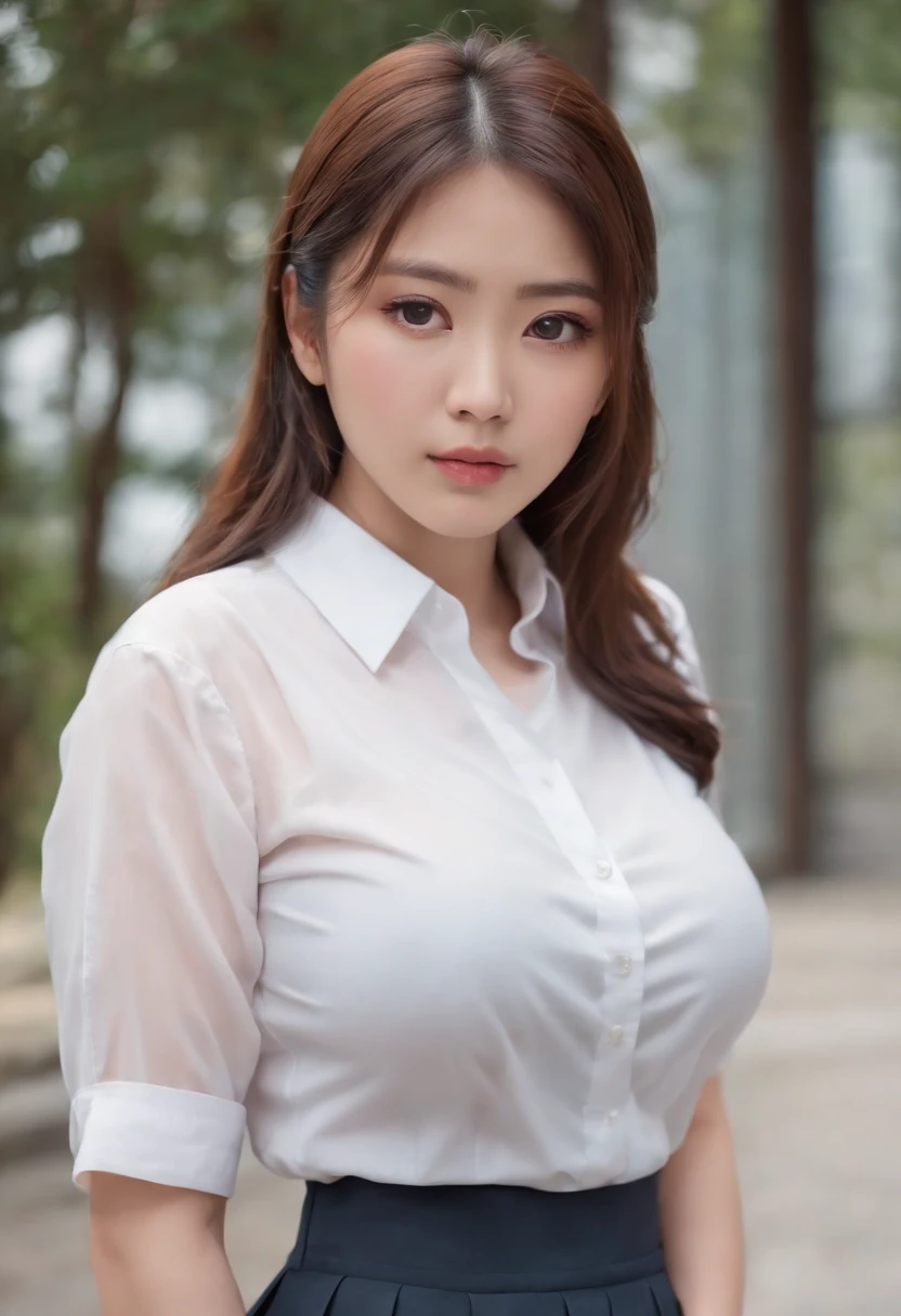 (Best quality,8K,RAW photo,realistic,high resolution:1.2),(Pretty Japanese girl),(Huge breasts:1.25),(voluptuous),(school uniform,pleated skirt,white shirt),(enormous droopy breasts)