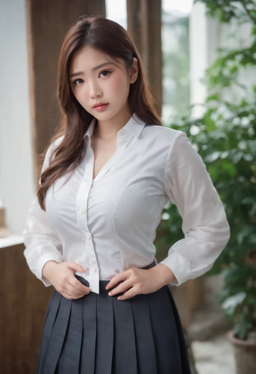 (Best quality,8K,RAW photo,realistic,high resolution:1.2),(Pretty Japanese girl),(Huge breasts:1.25),(voluptuous),(school uniform,pleated skirt,white shirt),(enormous droopy breasts)