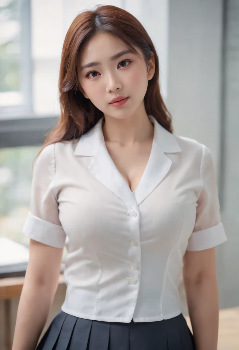 (Best Quality,8K,Raw photo,Realistic,High resolution:1.2),(cute Japanese girls),(Huge breasts, J size:1.25),(Voluptuous),(School uniform,Pleated skirt,White shirt, cleavage )、inside in room