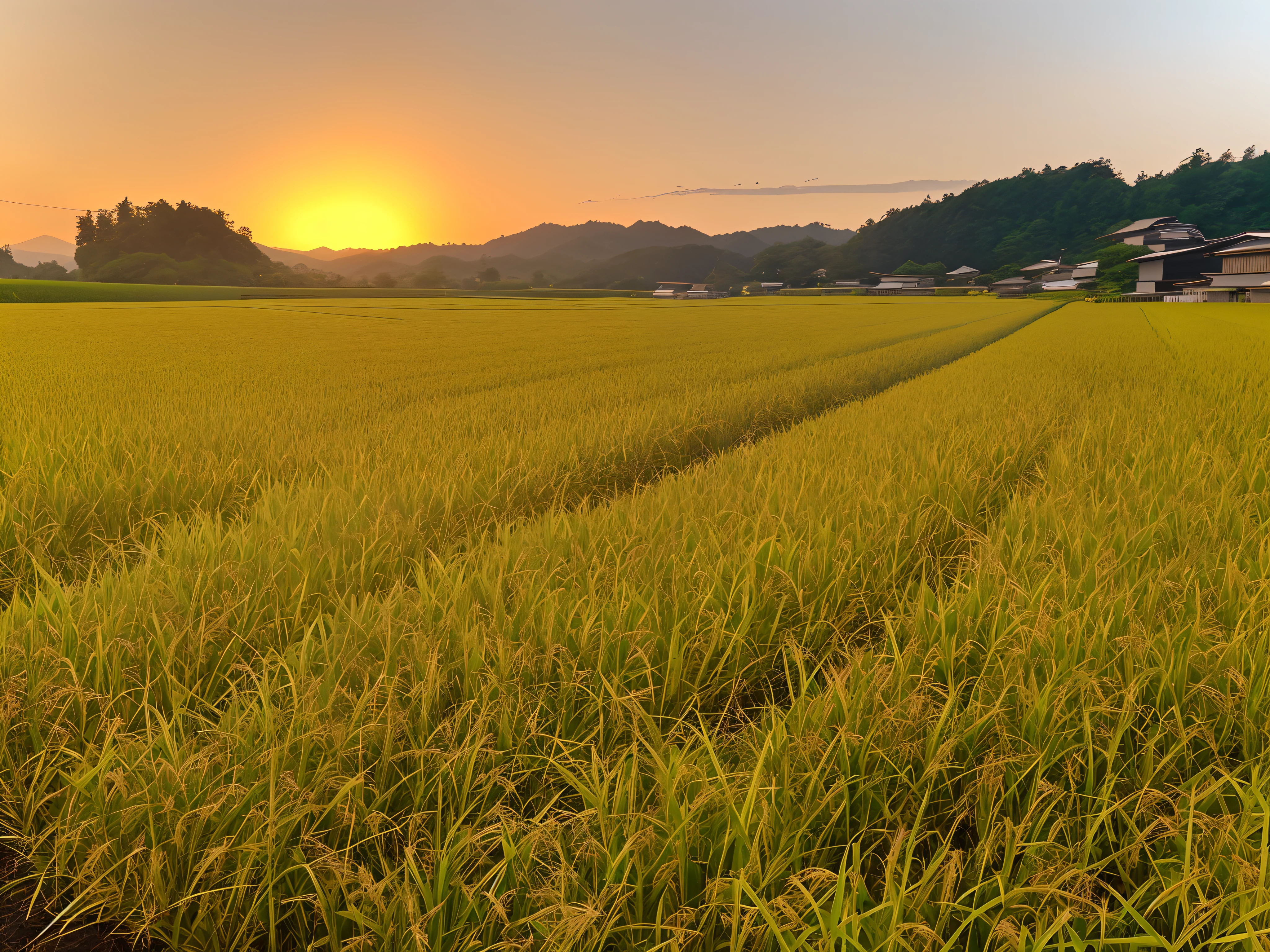arafed field of green grass with a sunset in the background, countryside in japan, japanese countryside, malaysia with a paddy field, rural japan, rice paddies, shining golden hour, japan rural travel, at golden hour, morning golden hour, summer setting, shot at golden hour, at the golden hour, japan harvest, at dusk at golden hour, rice