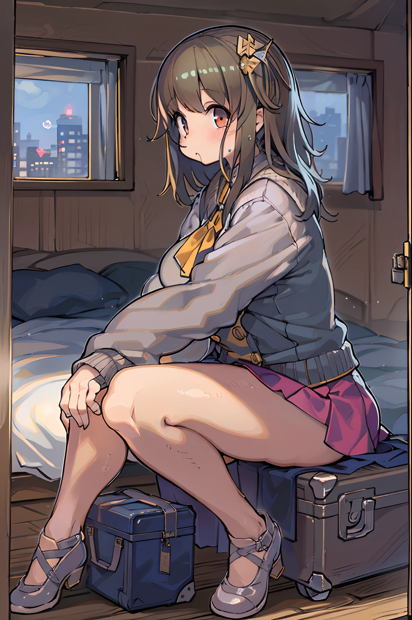 Anime girl sitting on bed on suitcase background, the anime girl is crouching, Female protagonist 👀 :8, beautiful anime girl squatting, from girls frontline, Seductive anime dick girl, a female anime character, Anime. Soft lighting, 4k anime wallpaper, guweiz on pixiv artstation, badass anime 8 K, Rin,bbw、thick thight、big butts、Ultramammy,skirt pull、Skirt combing、From below
