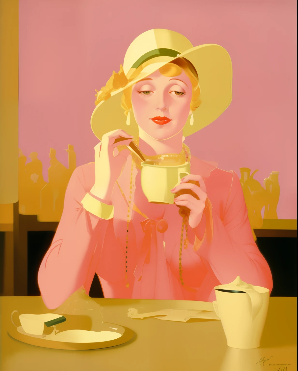 Painting of a woman in a pink hat drinking a cup of coffee, drinking tea, Directed by: Gee Vaucher, Directed by: Evelyn Abelson, art deco painting, Directed by: Yvonne Jacquette, por Dorothy Hood, Directed by: Pruett Carter, Directed by: Hovsep Pushman, inspirado em Gerda Wegener, Directed by: Harold Sandys Williamson, Directed by: Coles Phillips, Directed by: Tom Lovell