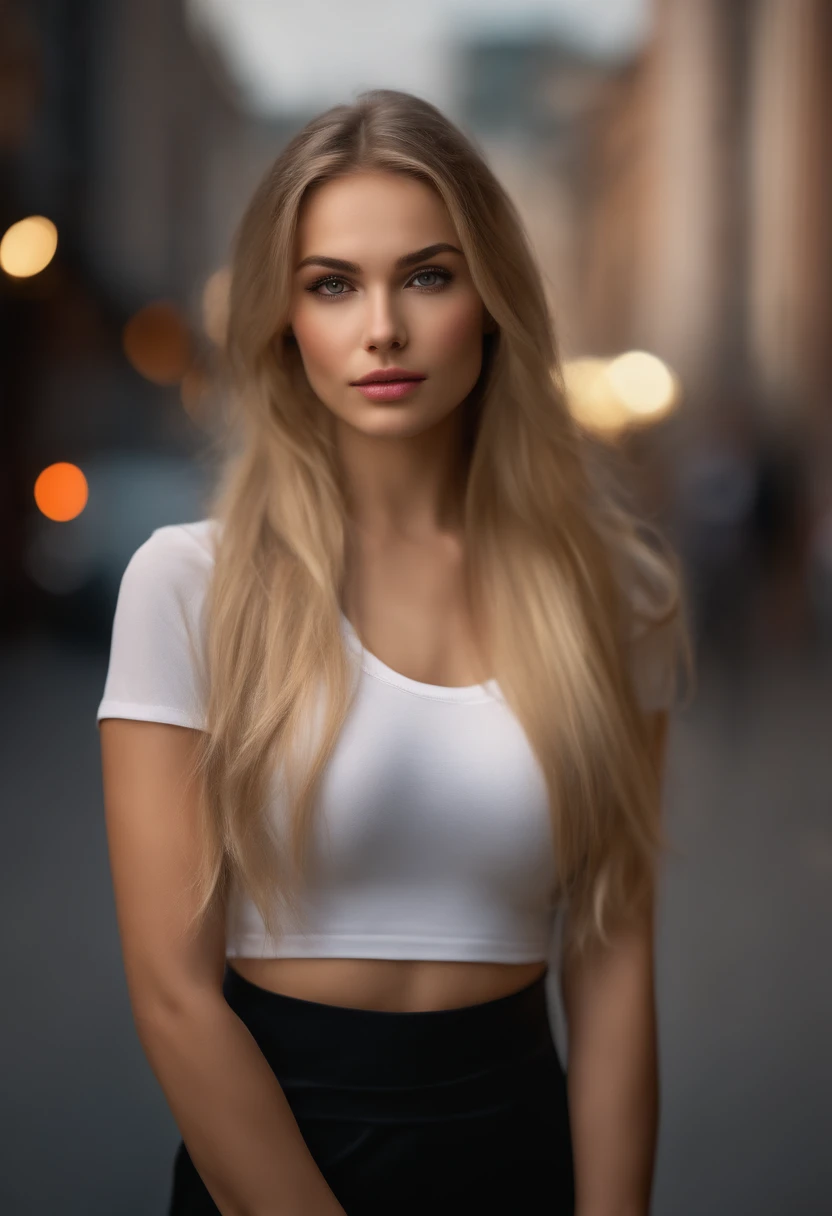 professional, (4k photo:1.1) by (Jeremy Lipking:0.3), (Dittmann Anna:0.3), (Arian Mark:0.3), (Sharp focus:1.3), high detail, wearing (tight shirt:1.2), beautiful detailed face, hazel eyes, long blonde hair, (attractive young woman:1.3), (seductive:1.1), (blushing:1.1), hourglass body shape, small round breasts, wide hips, in background city