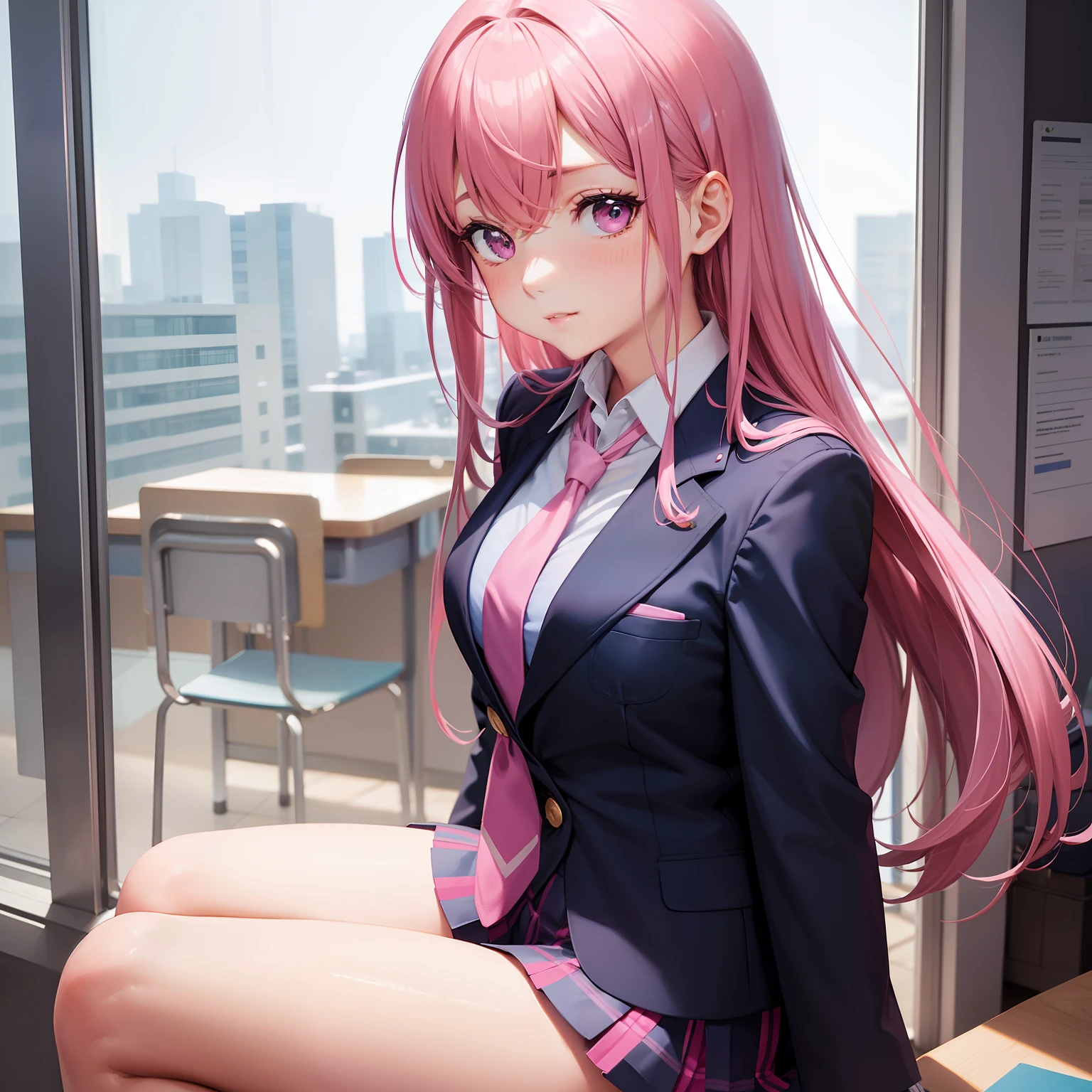 High school girl, dark blue blazer, pink super miniskirt, pink tie, knee-high socks, long pink hair, solo, school classroom, looking at viewer, front view,