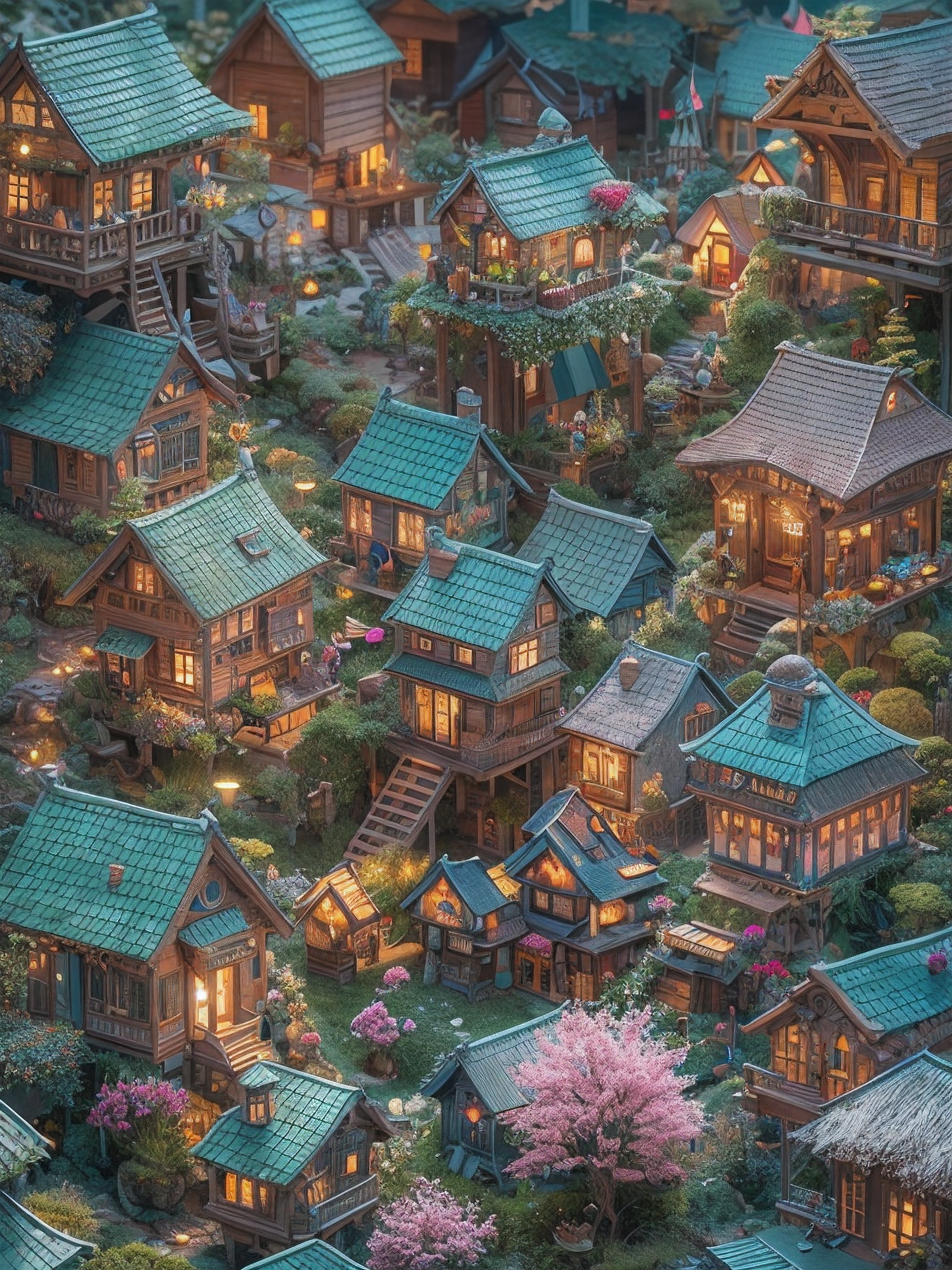 Isometric Complete tiny world with all kinds of adorable colourful tiny hairy fantasy forest houses, Miki Asai Macro photography, close-up, hyper detailed, trending on artstation, sharp focus, studio photo, intricate details, highly detailed, by greg rutkowski