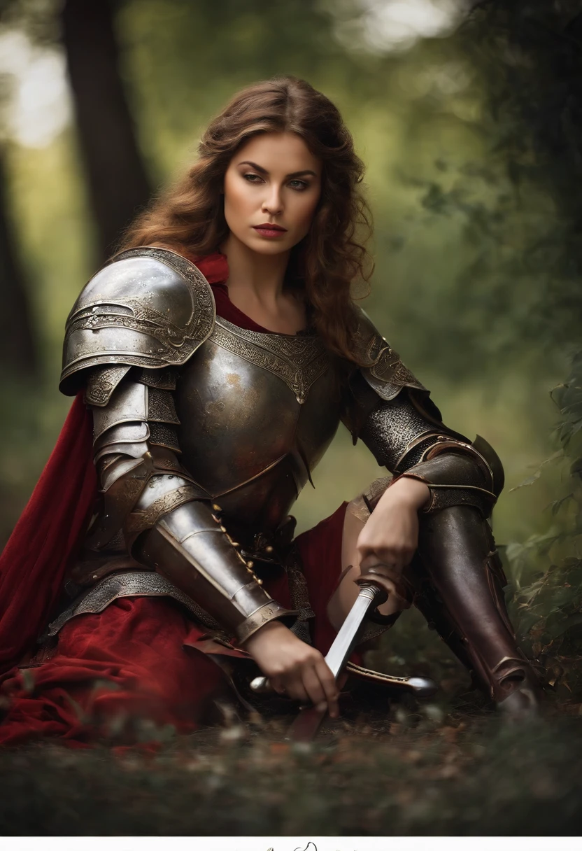 create for me the image of a woman in medieval armor, she is resting on her knees and with her sword stuck in the ground, the image has to be from the waist up