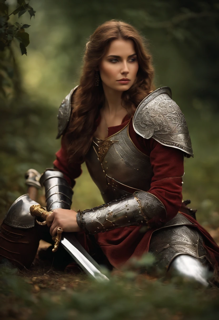 create for me the image of a woman in medieval armor, she is resting on her knees and with her sword stuck in the ground, the image has to be from the waist up