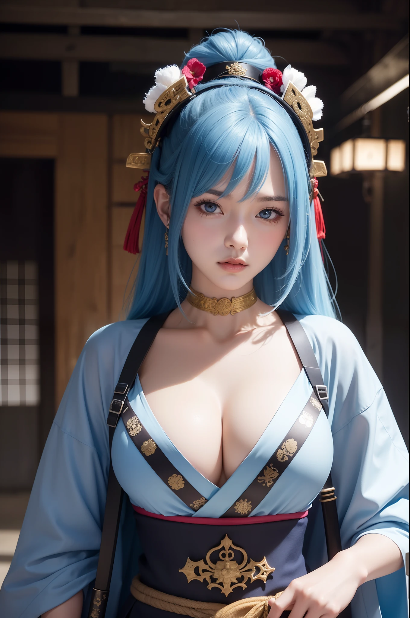 arafed woman in a costume holding a sword and a sword, she is holding a katana sword, very beautiful cyberpunk samurai, female samurai, wearing kimono armor, ornate korean polearm behind her, she is holding a sword, holding a sword on her shoulder, wearing kimono armour, dressed in samurai armour, portrait shot, samurai outfit, ornate cosplay, sexy look, big breast, sexy pose, show breast, light blue hair